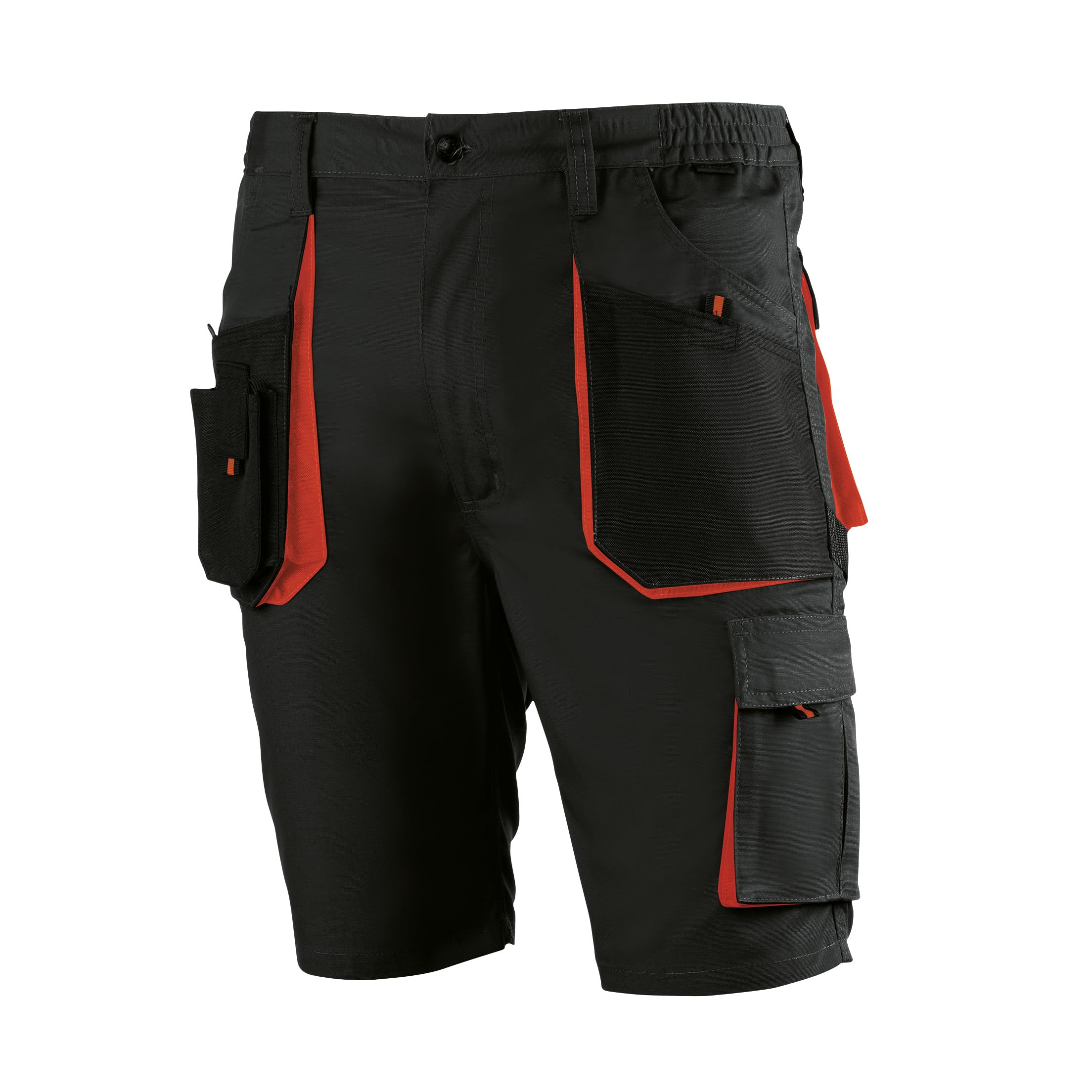 Juba Pantalón Corto Multibolsillos 65% poliéster/35% algodón, Negro con Detalles Naranjas