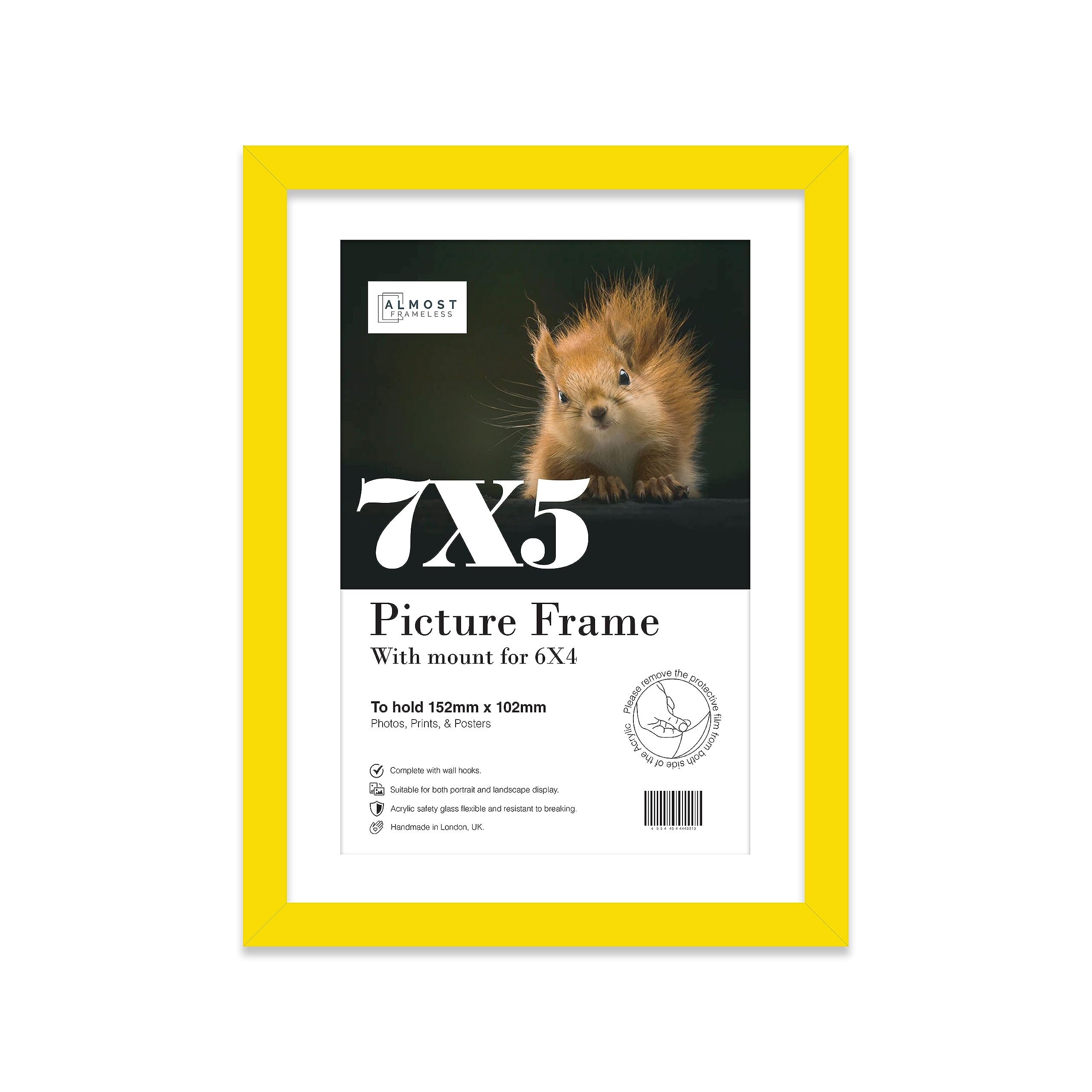 Almost Frameless 7x5 Yellow Picture Frame With Mount for 6x4 Print, Poster or Photo Poster, Photo, Artwork, or Print. Thin Edge Slim Frame Portrait and Landscape Display with Wall Hooks