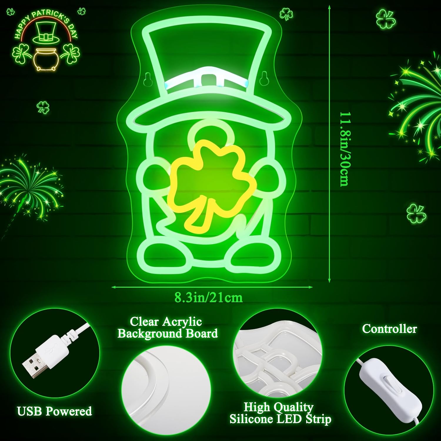 St. Patrick's Day Neon Sign 11.8 x 8.3 Inch Gnome Shape St. Patrick's Day Decorations Shamrock Neon Lights USB Powered Green LED Wall Light for Room Office Party Decor - Image 2