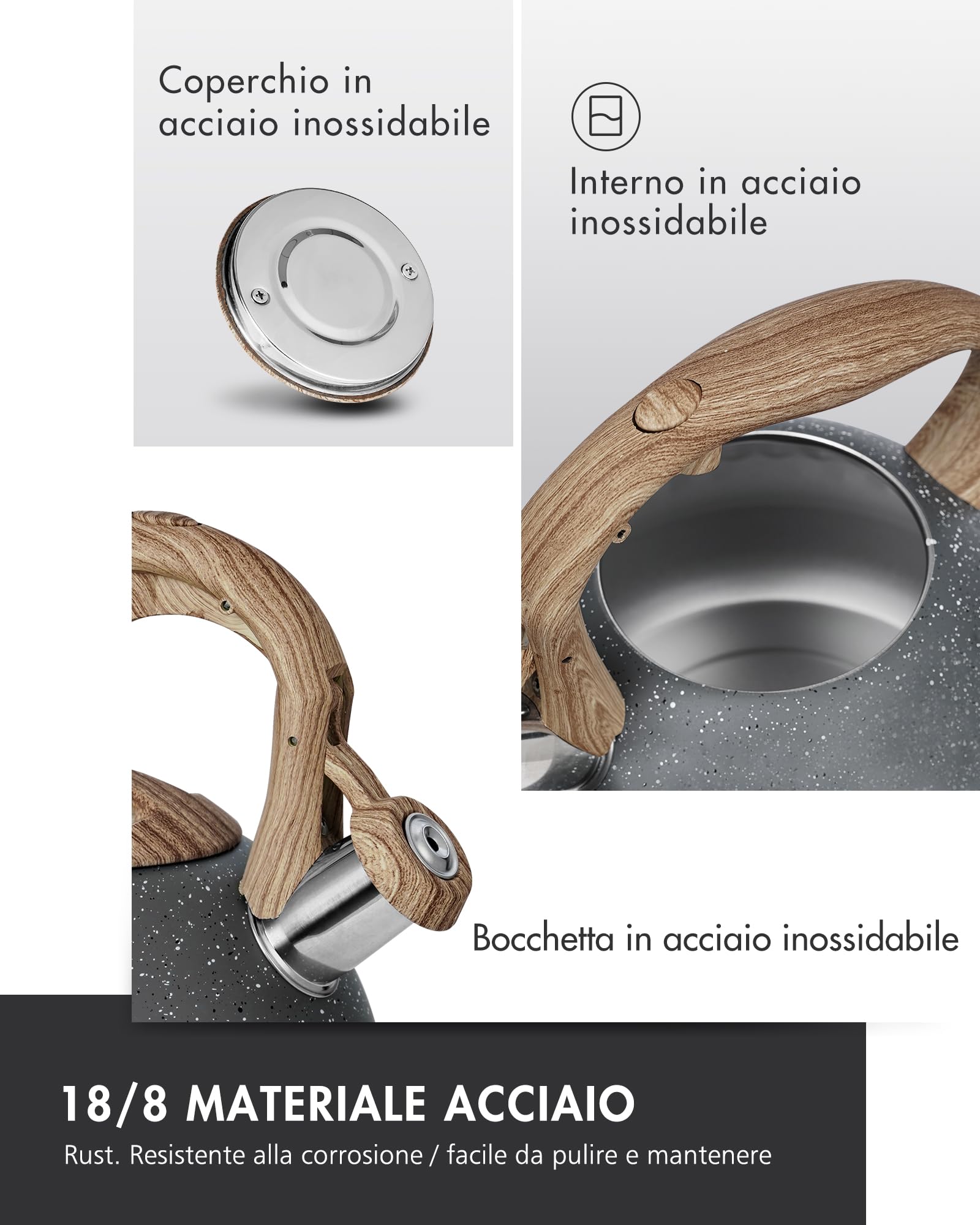 Poliviar JX2018-GR20-DE - Hervidor de agua inducción con silbato acero inoxidable, para todas las placas cocina, mango madera, hervidor té o café, aprox. 3 L, estilo piedra