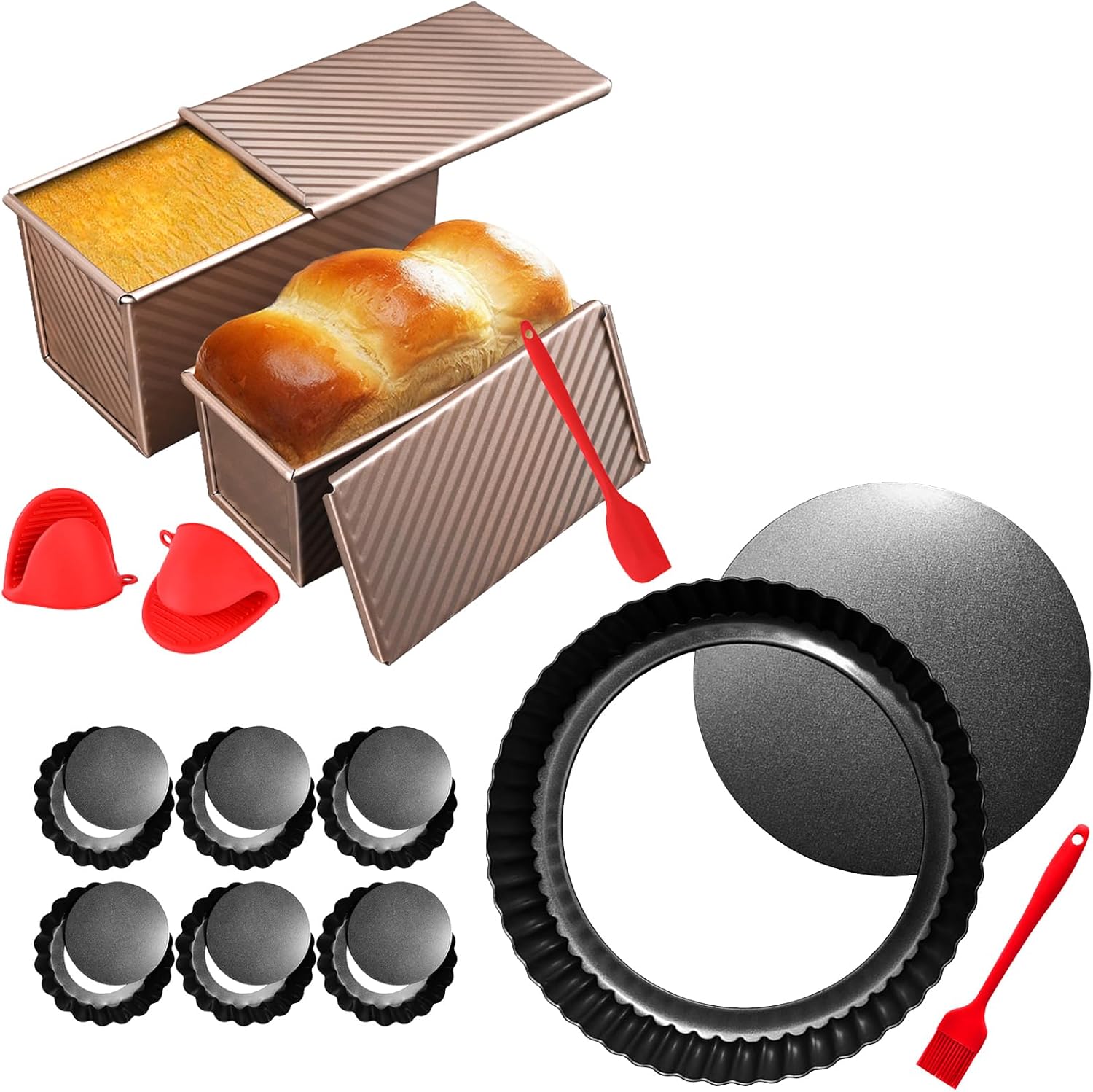 2 Pack Pullman Loaf Pan with Lid & 4 Inch and 9 Inch Round Tart Pan with Removable Bottom, Non-stick Coating, Carton Steel for Baking Bread and Tart