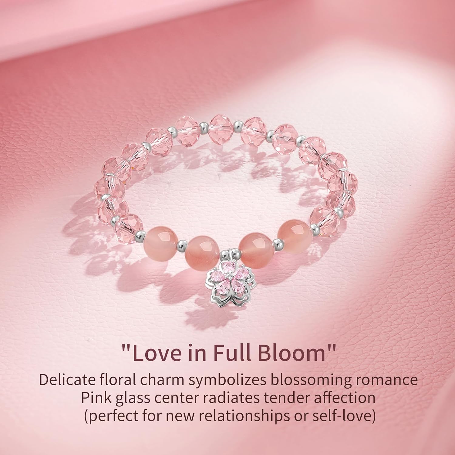 Sterling Silver Bracelets Silver Flower Charm Beaded Bracelet Pink Agate Glass Beads Stretch Bracelets Dainty Jewelry for Women Mom Daughter Birthday Anniversary 6.7"/17CM J1914473 - Image 4