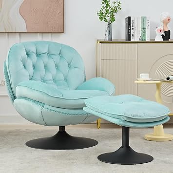 Velvet Swivel Accent Chair with Ottoman Set,Modern Tufted Armchair with Footrest for Living Room,Reading TV Chair for Adult,Comfy Chaise Lounge Chairs with 360 Degree Swiveling for Bedroom,Teal