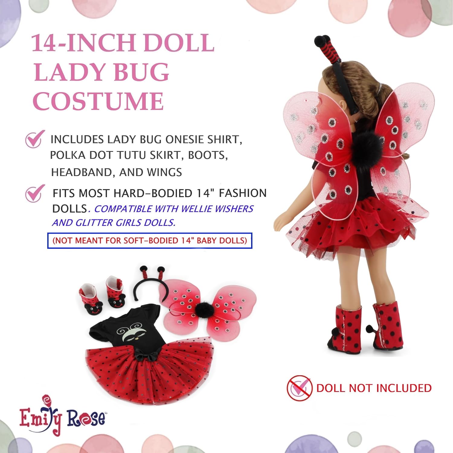 Emily Rose Magical Lady Bug 5 PC 14 inch Fashion Doll Halloween Costume Outfit with Removable Wings, Antenna Headband and Boots! | Clothes & Accessories Fit Most 14" Hard-Bodied Dolls