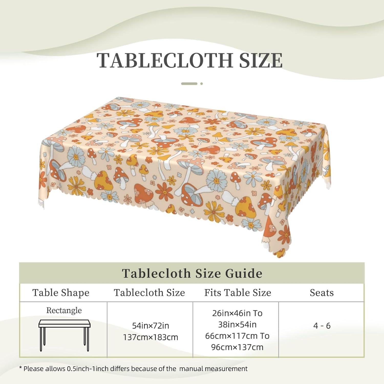 Retro Floral Mushroom Rectangular Tablecloth, Groovy Flower 54x72 Inch Wavy Lace Border Polyester Table Cloth for Dining, Kitchen, Parties