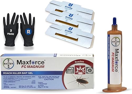 Bayer Maxforce FC Magnum - Gel para cucarachas con tecnología de contacto de acción rápida, paquete de 3 trampas Riddy para cucarachas, paquete de 3