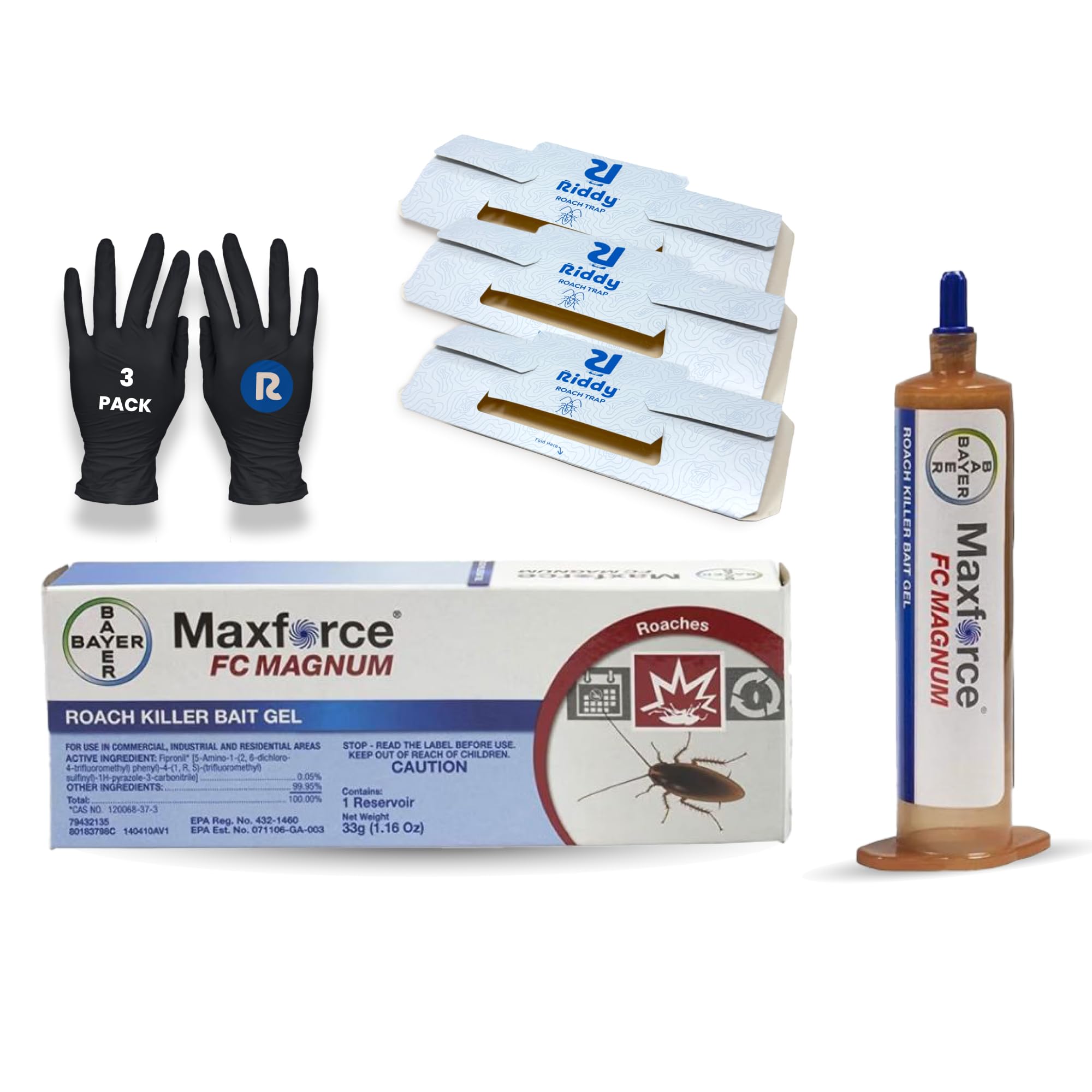 Bayer Maxforce FC Magnum Roach Gel with Fast-Acting Contact Technology, 3-Pack Riddy Cockroach Traps, 3-Pack Riddy Nitrile Gloves, Complete Indoor/Outdoor Insect Solution