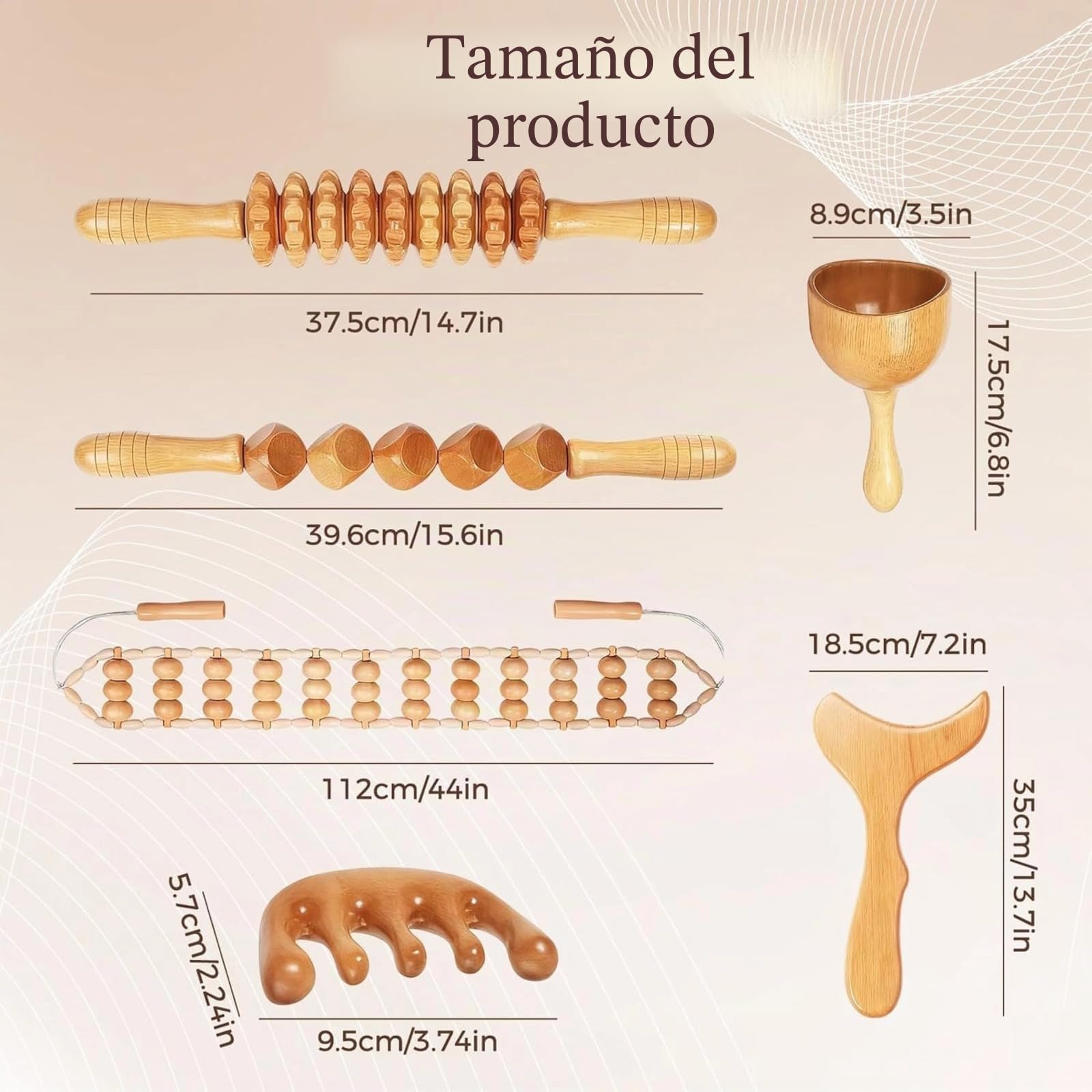 Kit Maderoterapia Corporal 6 en 1, Masajeador Lipedema Celulitis Maderoterapia Corporal Rodillo Gua Sha, Rodillo de Fascia, Herramientas de Esculpir | Kit profesional de maderotéresis, con rodillo de fascia, tabla Gua Sha y cuerda de masaje