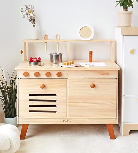 PairPear Juego de cocina para niños, juego de cocina de madera natural para niños con juguete de cocina, juego de cocina, juego de simulación para