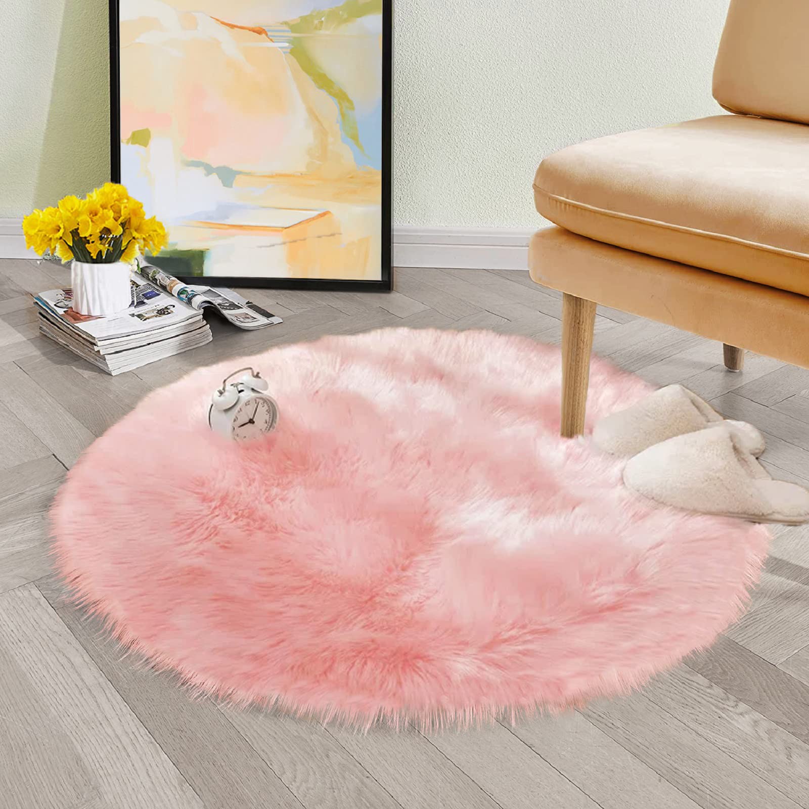 Pink Washable Fluffy Circle Rugs for Bedroom Small Faux Sheepskin Shag Fur Round Rugs 4ft Nursery Rug Cute Room