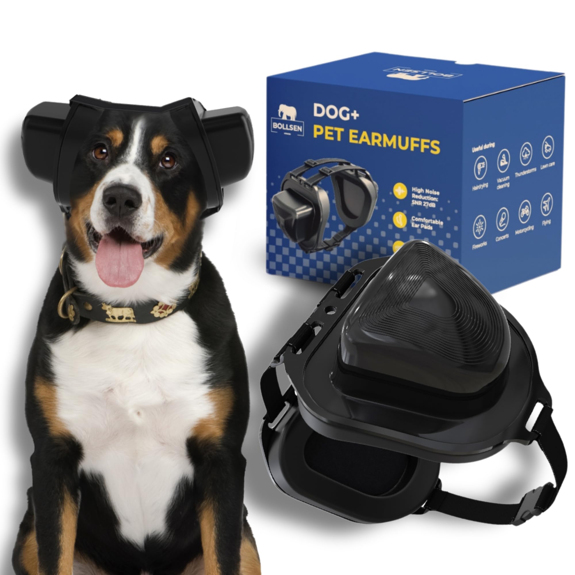 BOLLSEN Dog+ Gehörschutz für Hunde | Verstellbarer Ohrenschutz & Lärmschutz für alle Hunderassen, reduziert Geräusche um ca. 27 dB – ideal bei Silvester, Gewitter & Arbeit (M)
