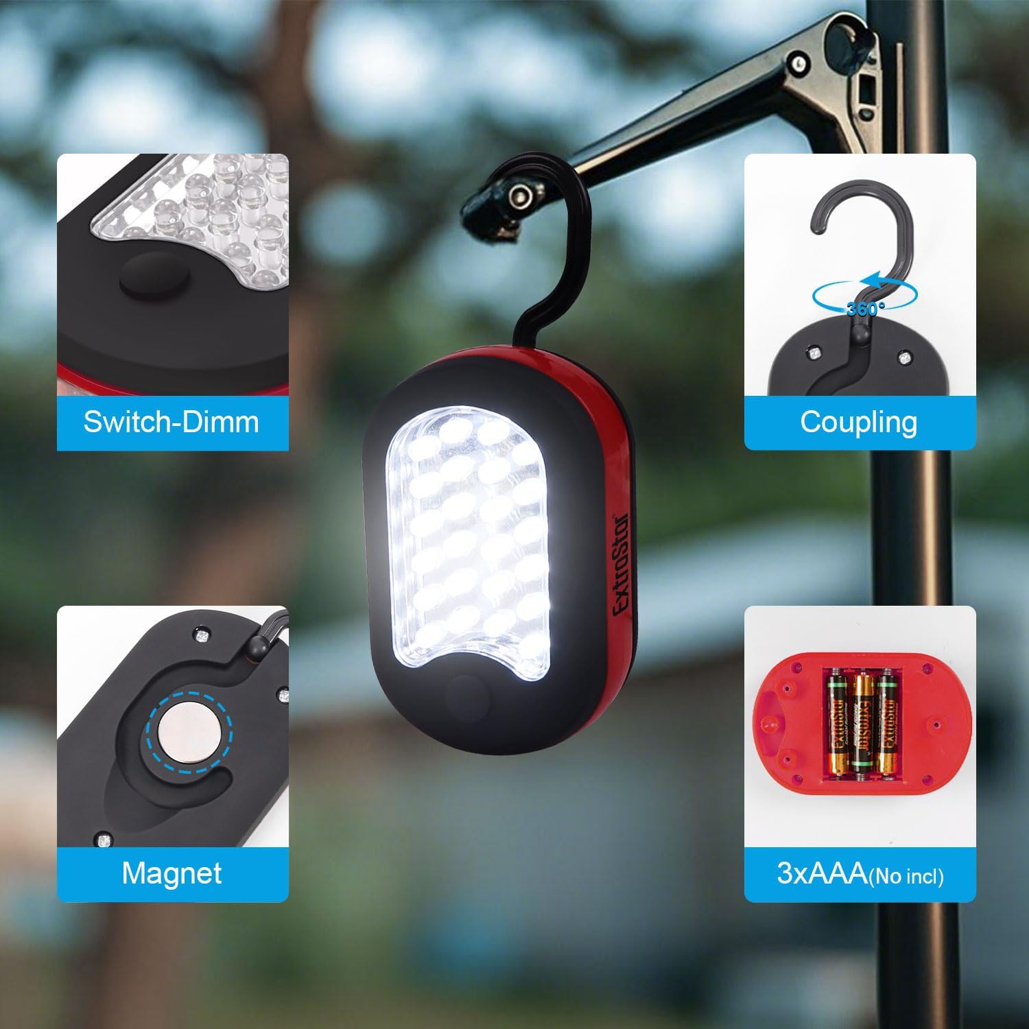 EXTRASTAR 3-in-1 LED Camping Light, Magnetic Work Light, Flashlight with Hook,120 Lumen. 2 Light Modes, Water Resistant, Battery Powered Light for Outdoor, Emergency, Garage, 4 PCS