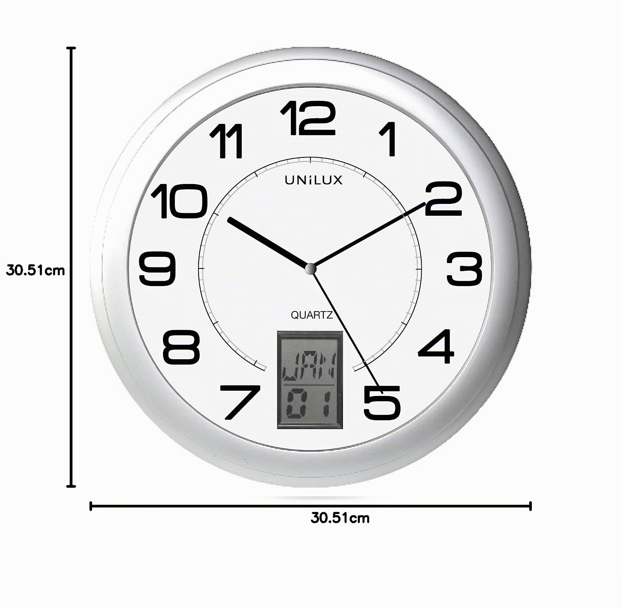 Unilux Instinct Horloge Murale Systeme Quartz avec Changement d'Heure Automatique et Dateur numerique, Diamètre 30,5 cm Gris metal