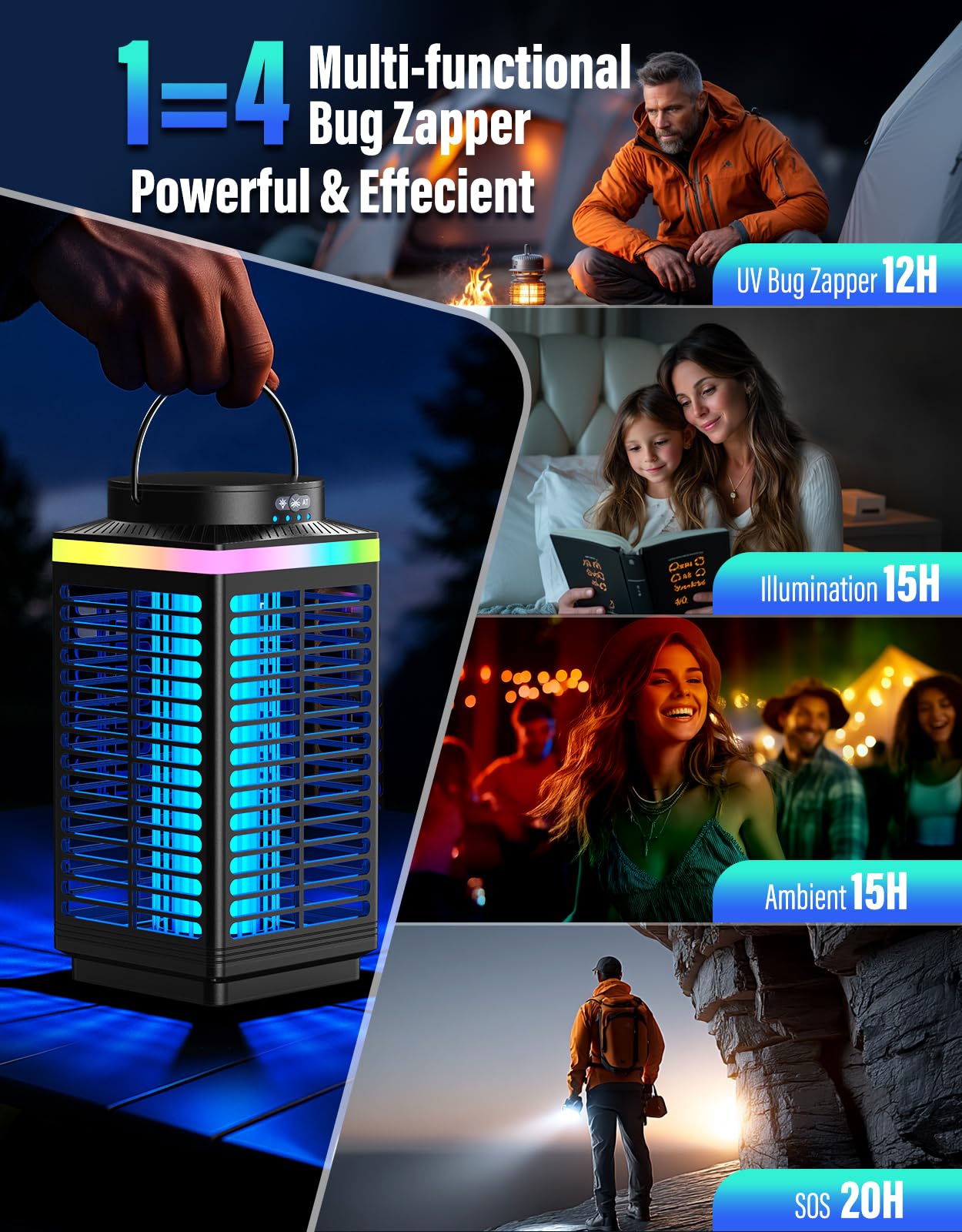 Bug Zapper Outdoor Kabellos, 4200V Elektrischer Mückenzapper mit LED Blaulicht, 3 in 1 Tragbarer & Wiederaufladbarer Bug Zapper Outdoor Wasserdicht IP67, Kabelloser Hängender Fliegenvernichter für