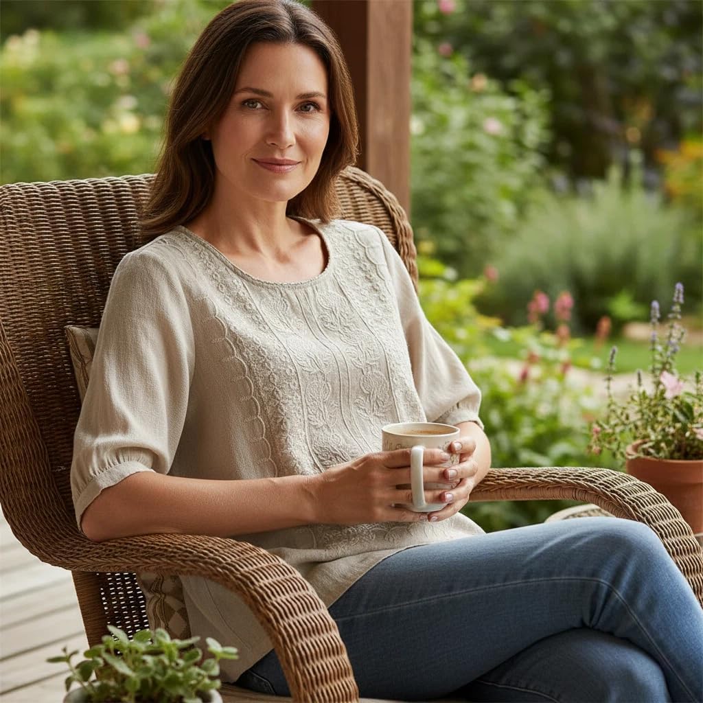 Floral Embroidered Cotton Linen Tops for Women Round Neck Puff Sleeve Peasant Blouse Boho Chic Summer 2026 Vintage Tunic - Image 3