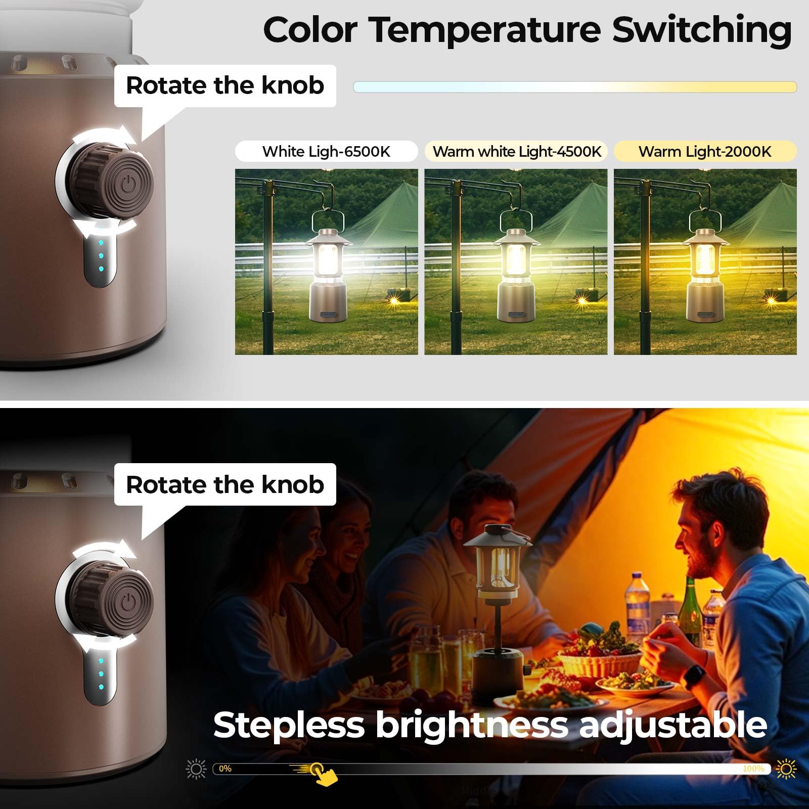 Camping-Laterne, wiederaufladbar, 8000 mAh batteriebetriebene Laterne, Taschenlampe, LED-Camping-Lichter mit 3 Lichtmodi (2000–6500 K), Teleskop-Laternen für Stromausfälle, Hurrikane, Wandern (Bronze)