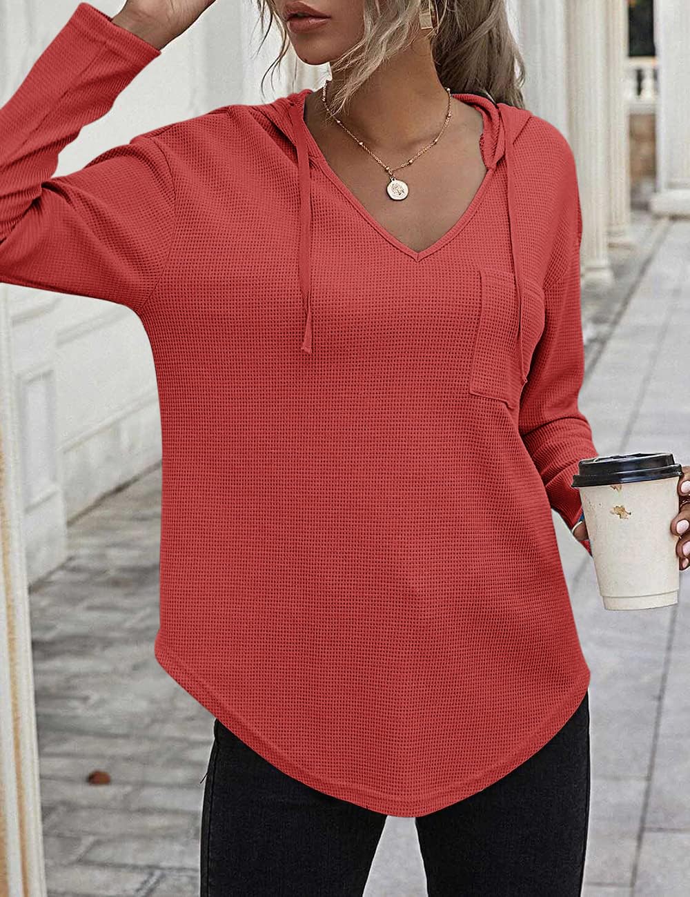 Cuptacc Felpa Donna con Cappuccio 2024 Maglione Scollo A V Autunno Maglia Manica Lunga Camicia Elegante