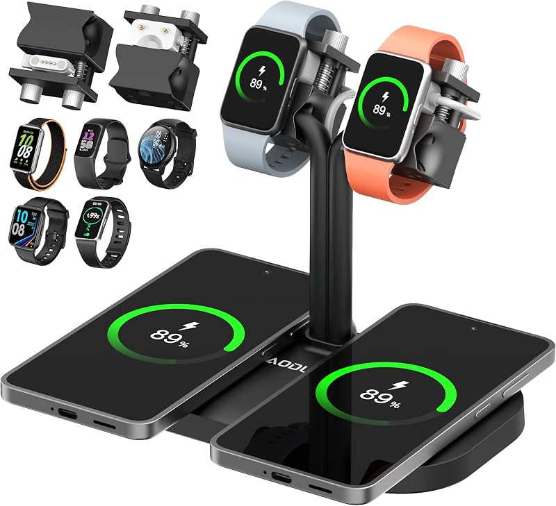 4-in-1 Dual iPhones Wireless Charging Dock and Dual iwatch Stand | Charger Stand for iPhone, for AirPods/Buds, for Samsung,for Galaxy Fit/Xiaomi Band/Amazfit Band/Fitbit Inspire HR(433-B)