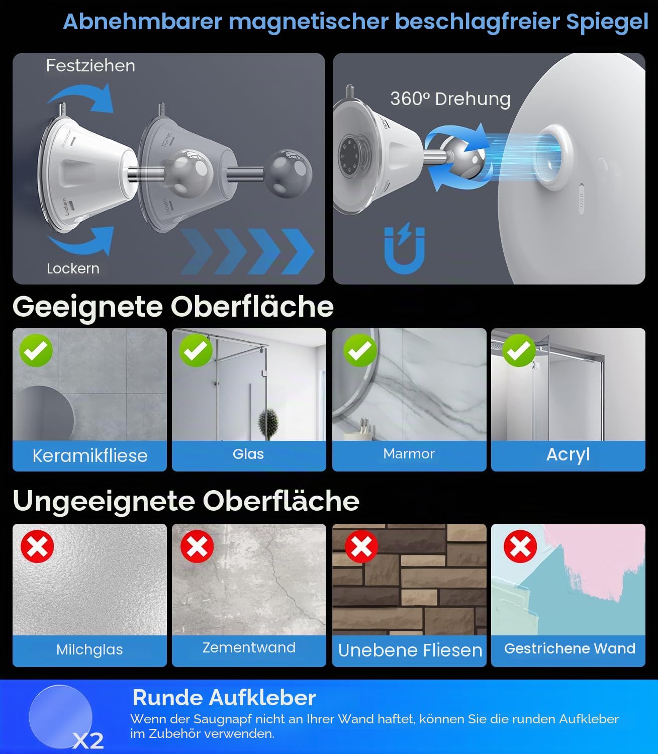 Gospire Beheizter Duschspiegel, beschlagfrei, mit Licht, 5000 mAh Akku, 360° drehbar, 21,1 cm großer Anti-Beschlag-Rasierspiegel mit 3 Farben, stufenlos, dimmbar, inklusive 2 Klebehaken, 3 Stück