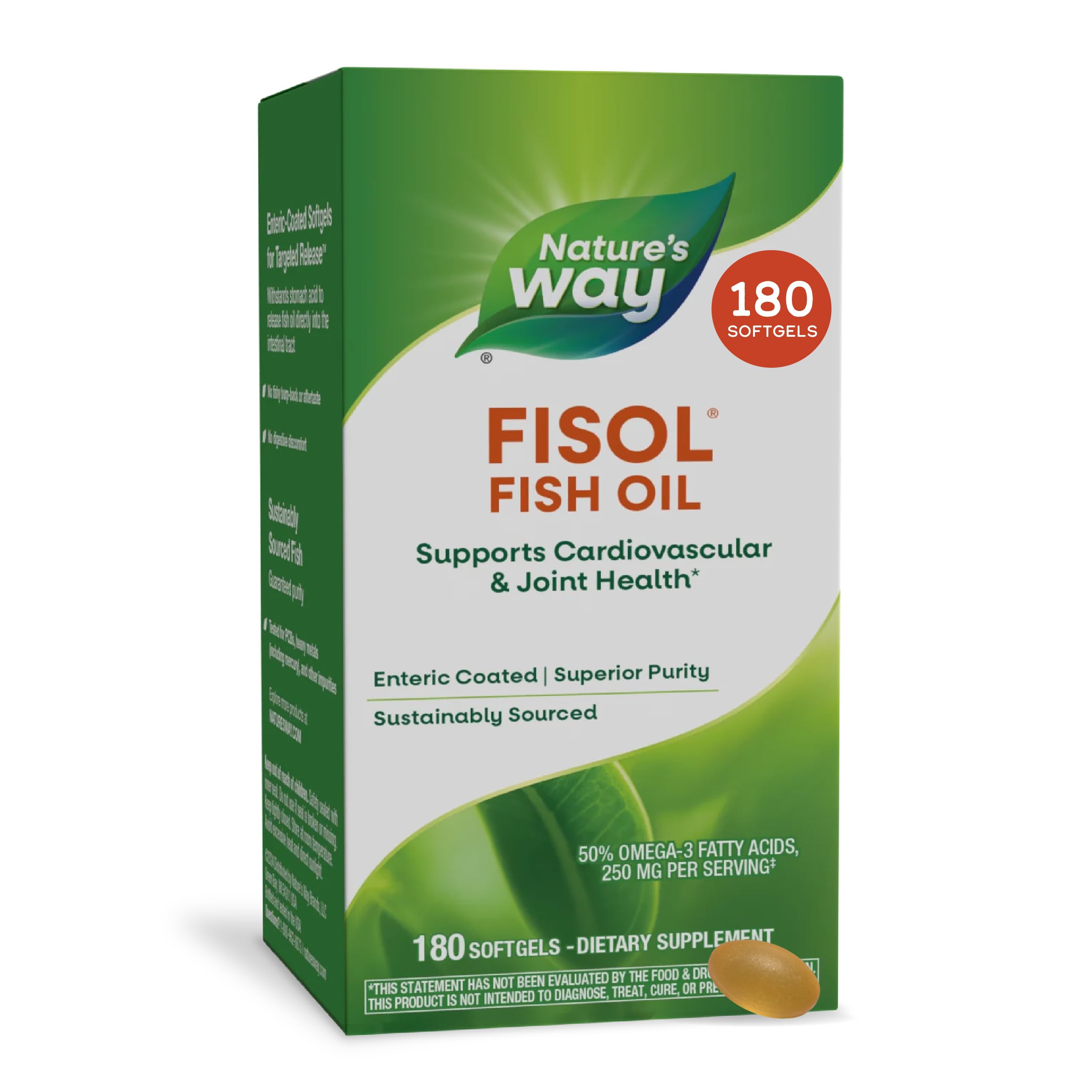 Fisol Fish Oil, Enteric Coated, υποστηρίζει καρδιοαγγειακή και κοινή υγεία*, Mega Potency Omega-3s, 180 Softgels (συσκευασία Μαΐου Vary)