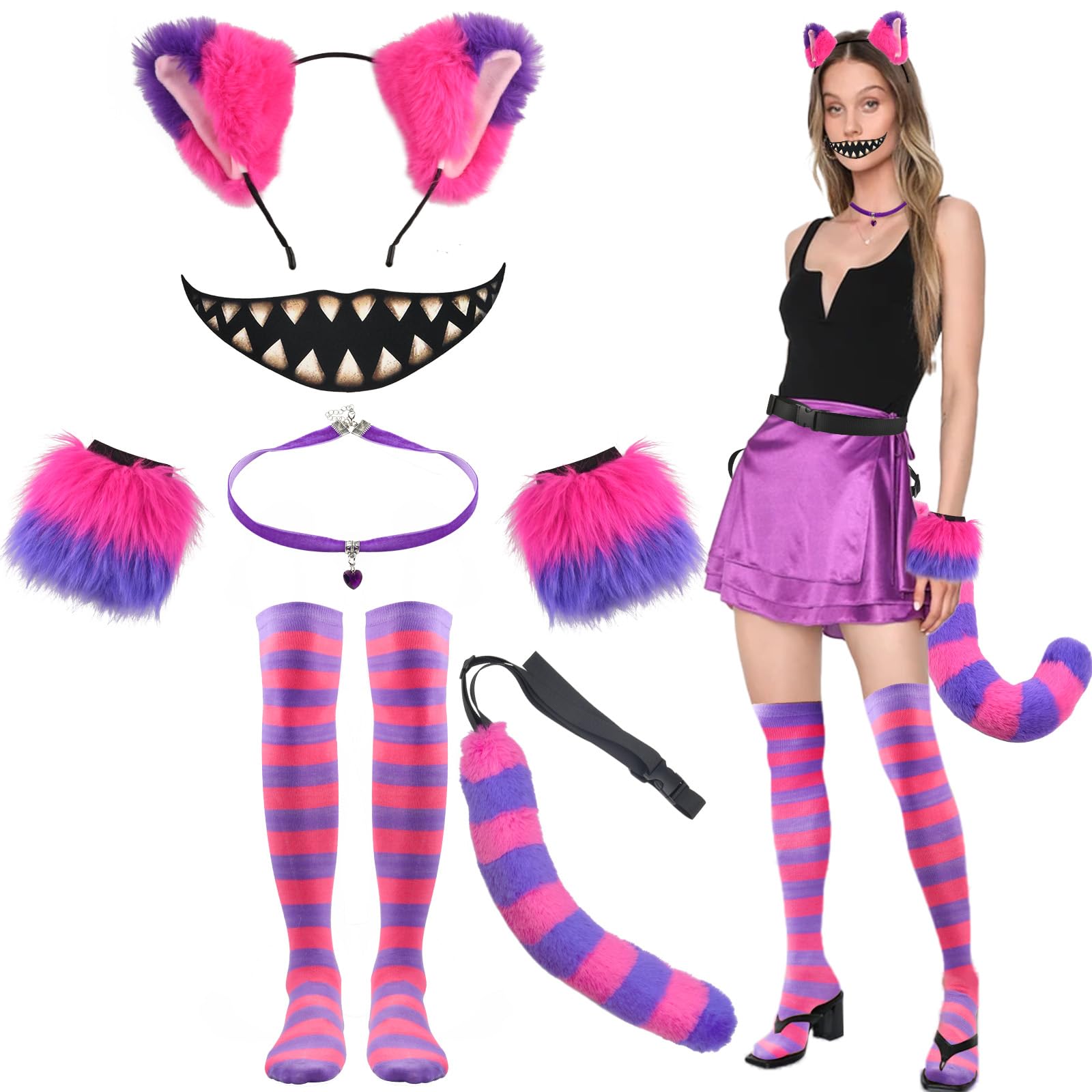 8Pcs Pink and Purple Striped Cat Costume with Sock Wristband Tail Faux Fur Ear Headband Choker Mouth Tattoo for Halloween