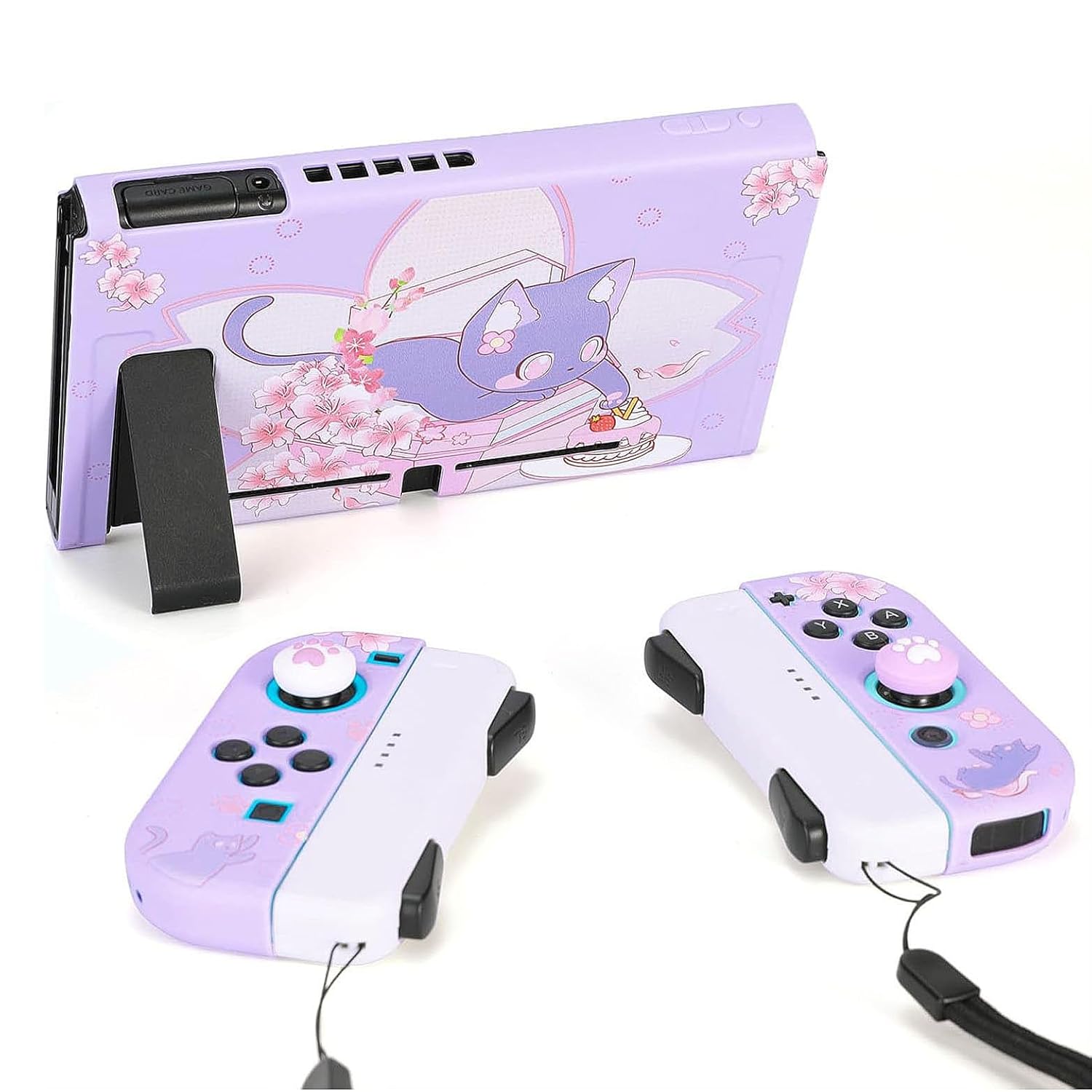 GamePals Cute Protective Shell for Switch, Soft Dockable Case for Nintendo Switch Console and Joycon with 2 Thumb Grips, Anti-Scratch Slim Cover, Sakura Cat (Purple) - Image 5