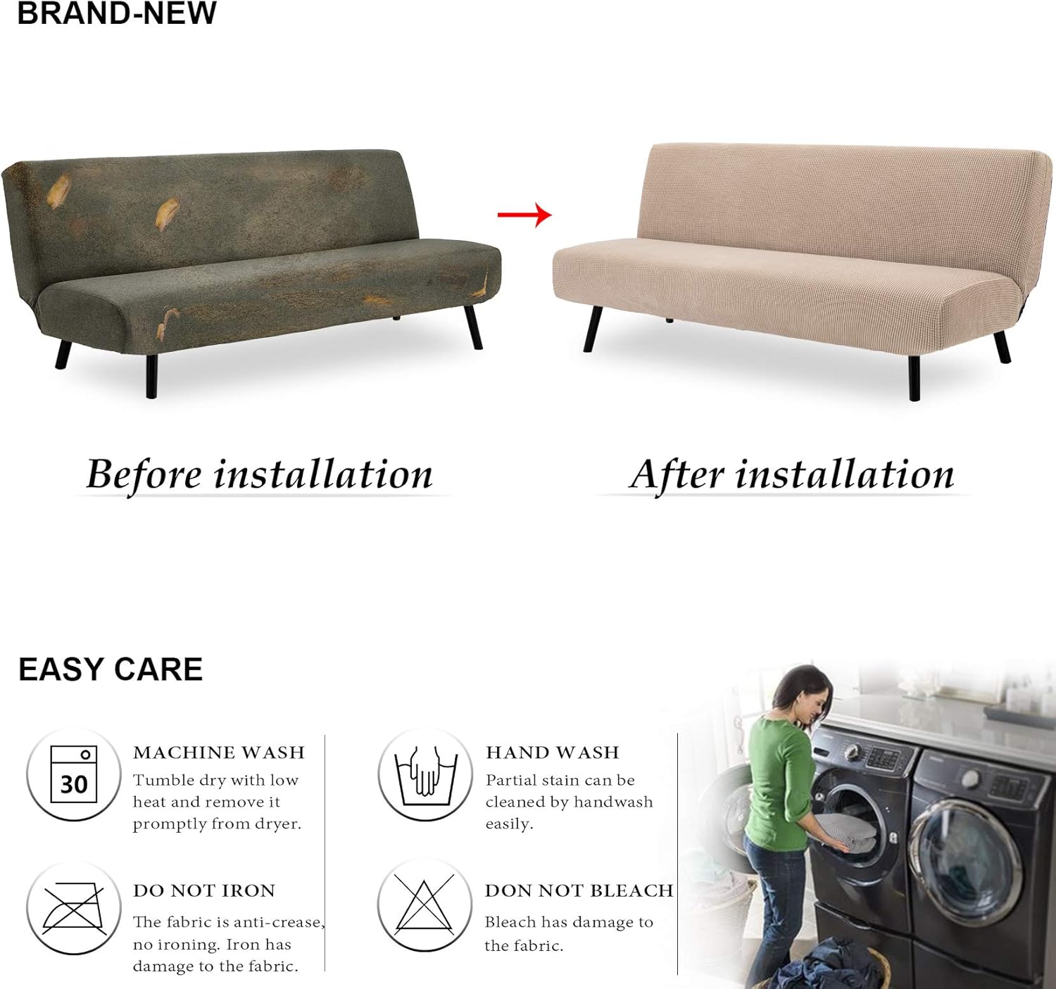 TIANSHU Stretch Futon Cover Armless Sofa Bed Cover , Anti-Slip Protector for Couch Without Armrests , Spandex Jacquard Fabric Futon Slipcovers (Sand) : Home & Kitchen