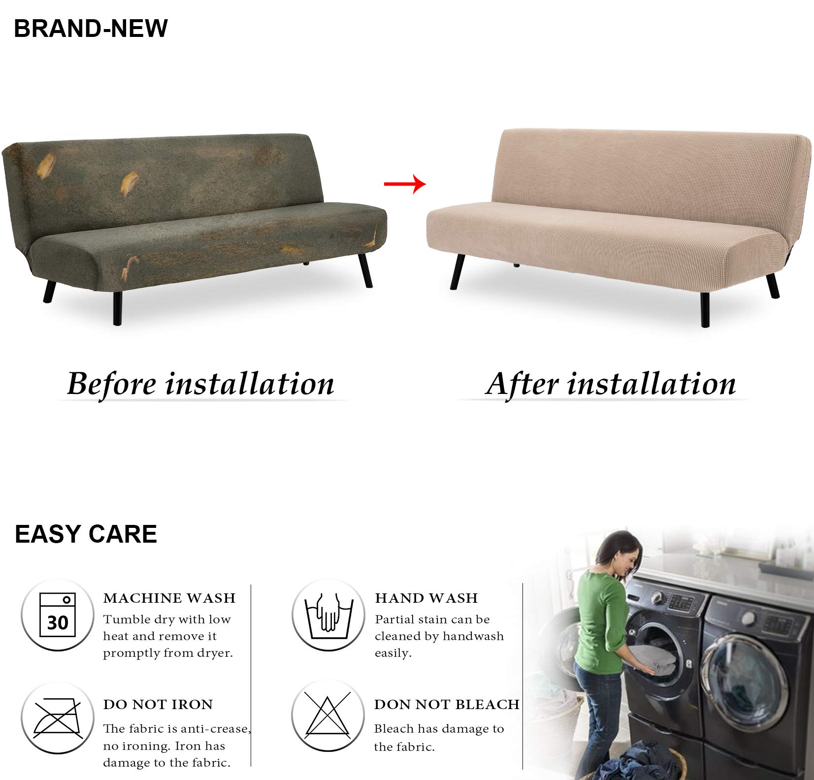 TIANSHU Housse Clic Clac Extensible, Housse de Canapé Clic Clac 3 Places Ajustable élastique Jacquard Canapé-lit Housse Protection(3 Places, Sable)