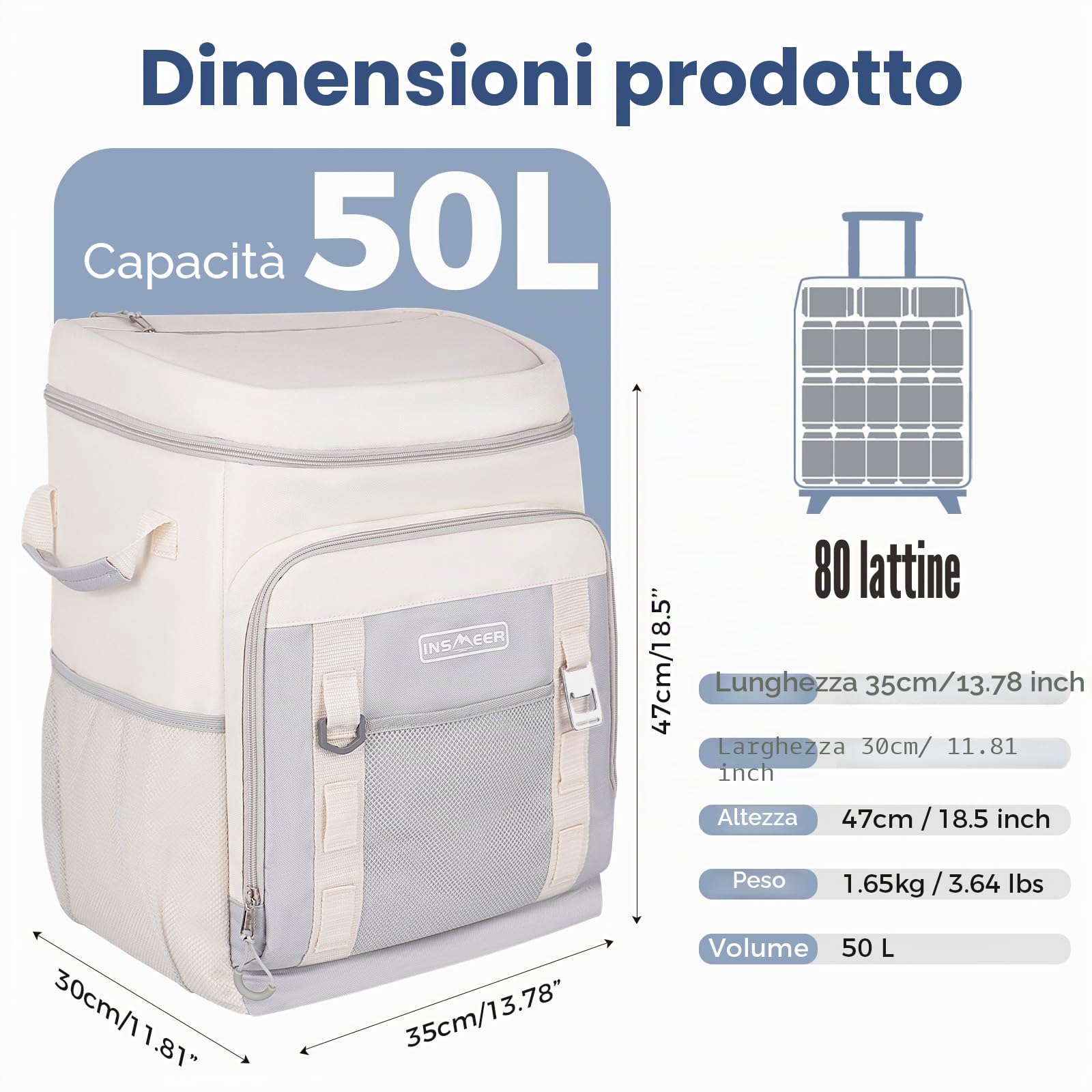 Borsa termica con ruote, 50 l/80 lattine, grande, pieghevole e impermeabile, borsa termica per spiaggia, campeggio, picnic, shopping
