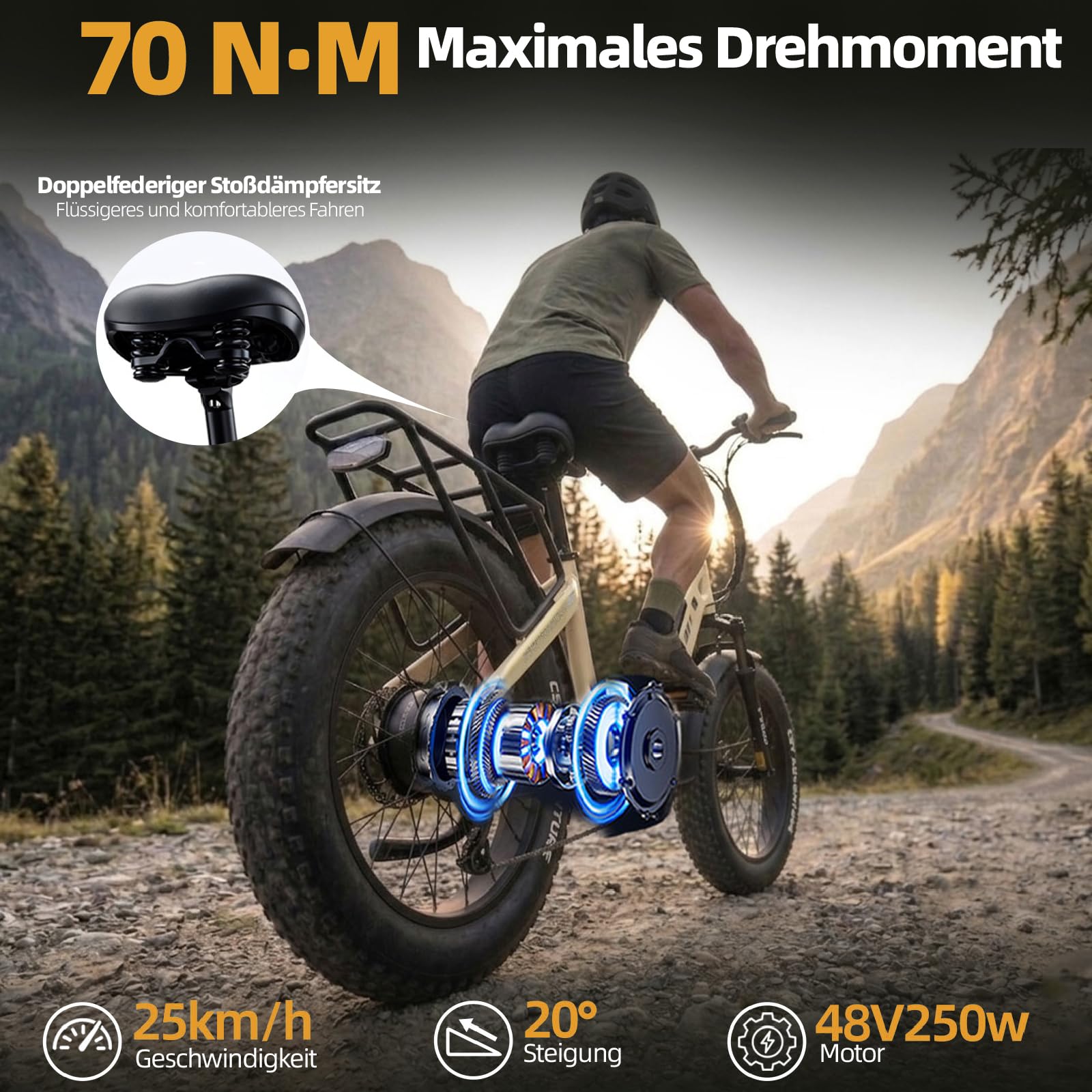 ttgo F6 Boost E Bike Klapprad, 20 * 4.0 Zoll Fat Tire Elektrofahrrad Herren Damen mit 250W Motor, 70Nm Drehmoment, 48V 18AH Akku, bis 140 km Reichweite, 7-Gang Getriebe mit LCD-Display