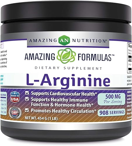 Amazing Formulas - Suplemento en polvo de L-arginina  500 mg  16.01 oz (1 libra)  Sin OMG  Sin gluten  Fabricado en Estados Unidos