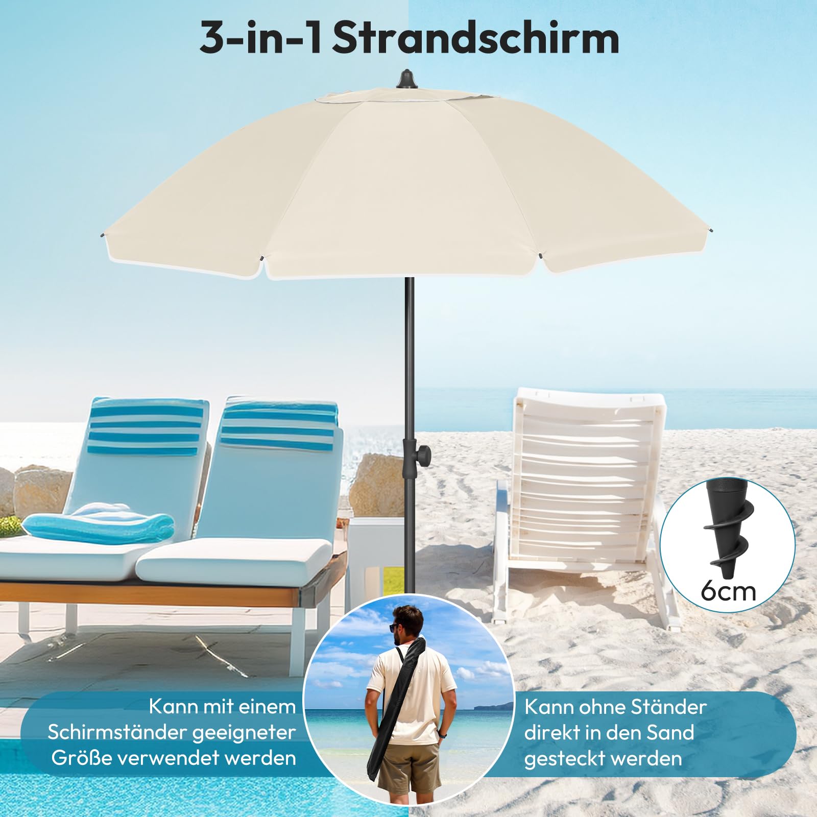 Laneetal Parasol de Plage Ø135/155/175cm, Imperméable en Tissu Anti-UV à UPF 50+, Toile Inclinable, Hauteur Réglable, Parasol Rond Anti-Vent pour Balcon/Terrasse/Patio/Piscine