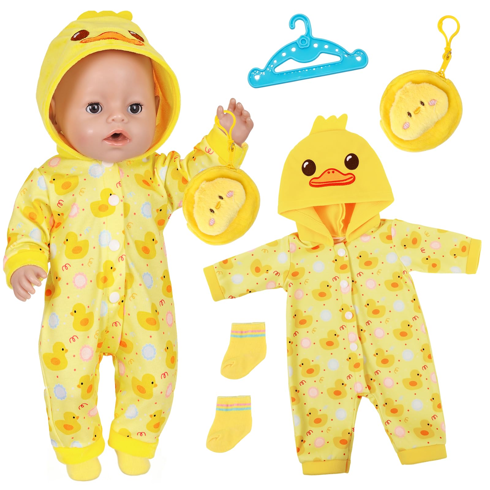 Baby Doll Clothes for 14-18 Inch Baby Dolls, Cute Duck Newborn Doll Clothes Outfits, Hooded Jumpsuit with Bag Hanger Socks for 35-45 cm Baby Doll Accessories Gift for Kids