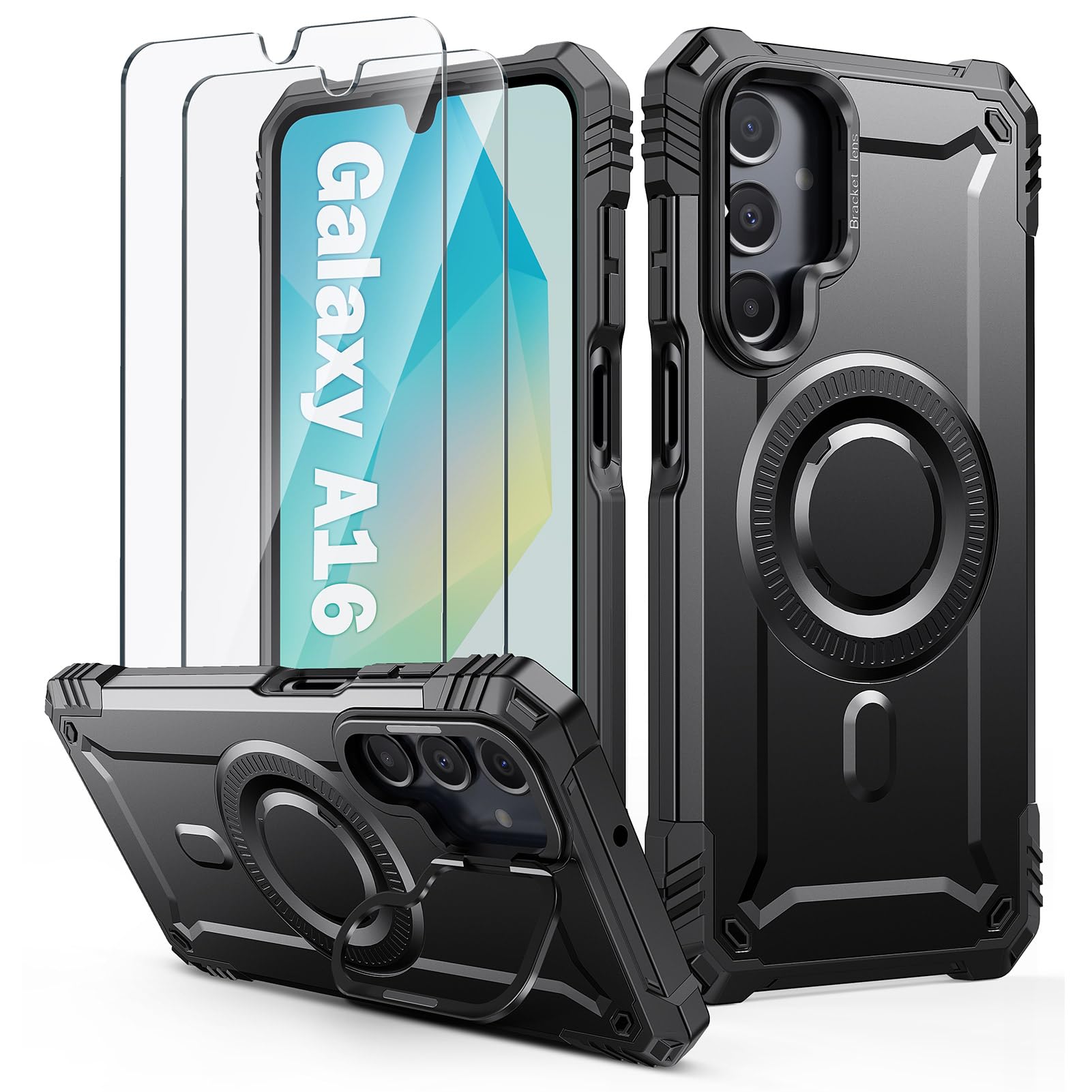 Lanhiem Cover per Samsung A16 5G / 4G Magsafe con Supporto Protezione Completa del Corpo a 360°con 2 Vetro Temperato, Militare 14FT Antiurto Resistente, Custodia per Samsung Galaxy A16 5G / 4G, Nero