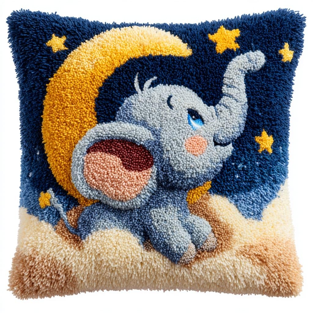 Taxpy DIY Latch Hook Kits, Elephant and Moon Pillow Embroidery Carpet Set Needlework Crocheting Cushion Pillow Case Embroidery Set 43x43cm