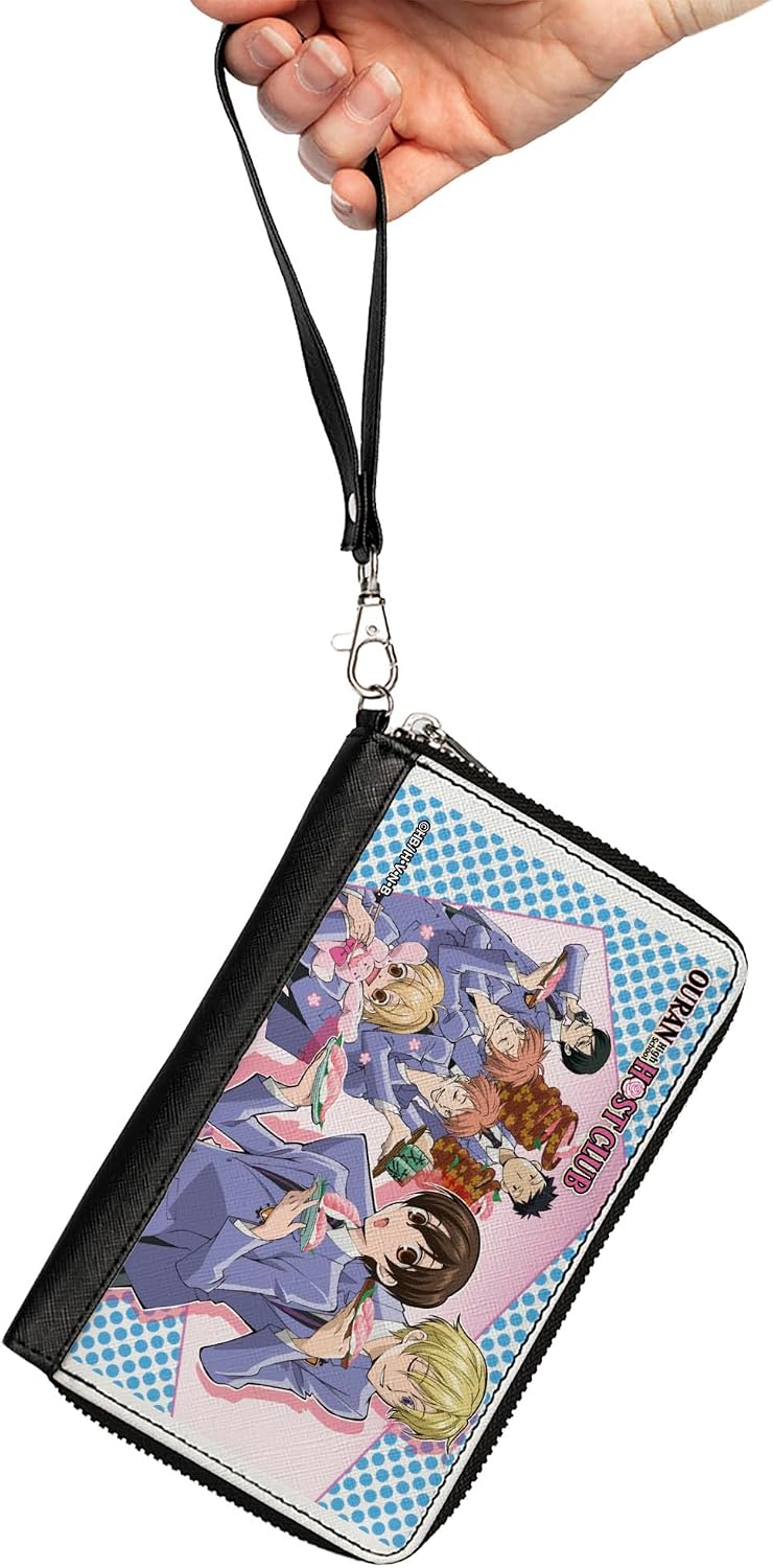 Buckle-Down Ouran High School Host Club Wallet, Zip Around, Ouran Host Club Seven Character Sushi Dining Pose Pink Blue, Vegan Leather