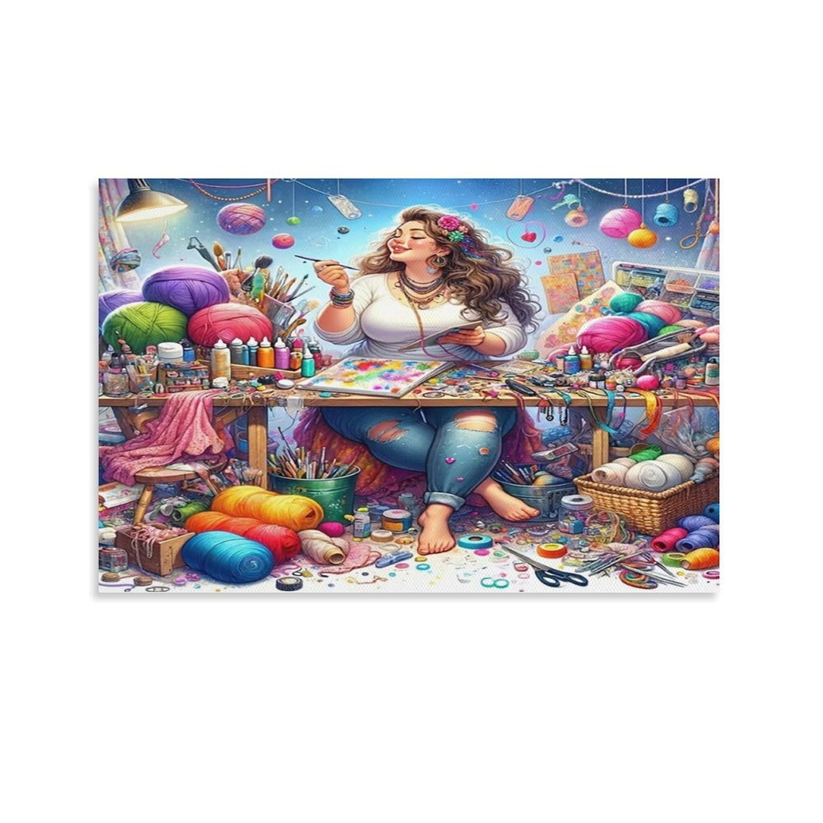 CPLVKWRQJ Creative Woman Artist Individual Artist Cluttered Workshop Canvas Wall Hanging - Office Wall Focal Art Fade Resistant Statement Piece Decor 20x30inch(50x75cm)