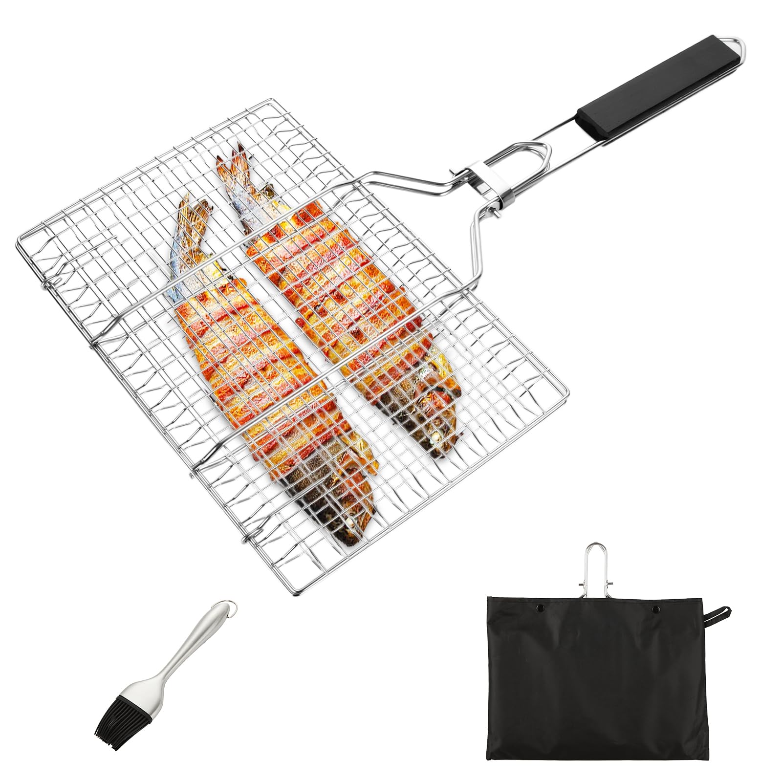 Grillkorb Für Fisch & Gemüse – Edelstahl, Zusammenklappbar Mit Abnehmbarem Griff