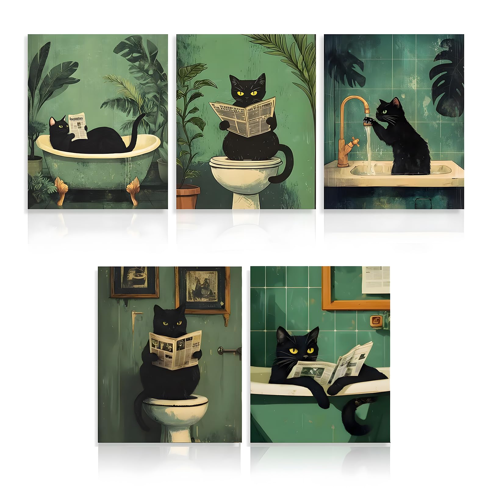 5 szt. czarnych kotów łazienka obraz kot plakat humor obrazy kotów łazienka vintage plakat z kotami 20 x 25 cm, obraz kota na toalecie, wodoszczelny, nadaje się do łazienki, toalety, salonu, sypialni