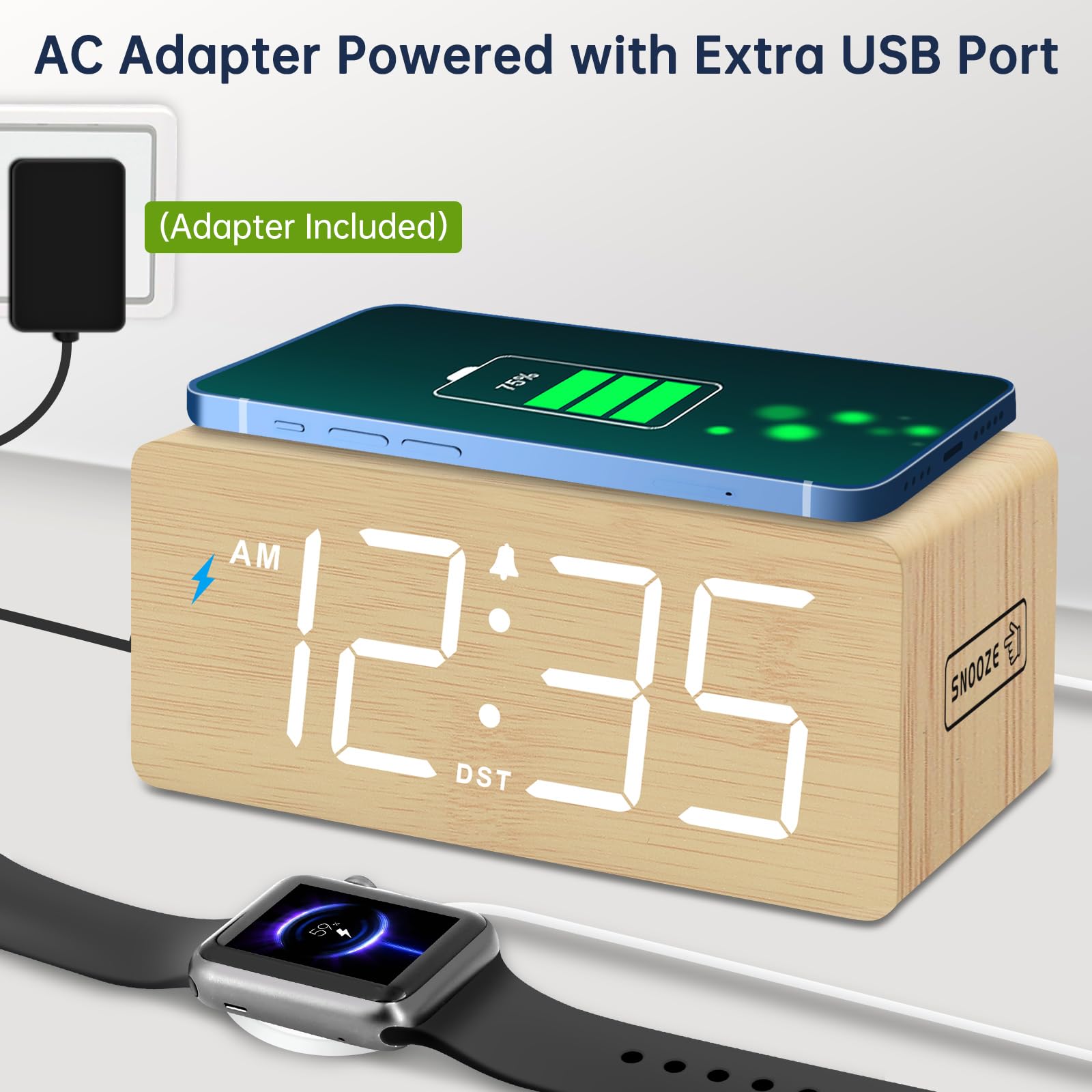 DreamSky Reloj despertador digital de madera con carga inalámbrica para dormitorio | Reloj de mesita de noche con estación de carga, puerto USB, números grandes, volumen ajustable, regulador de brillo, DST
