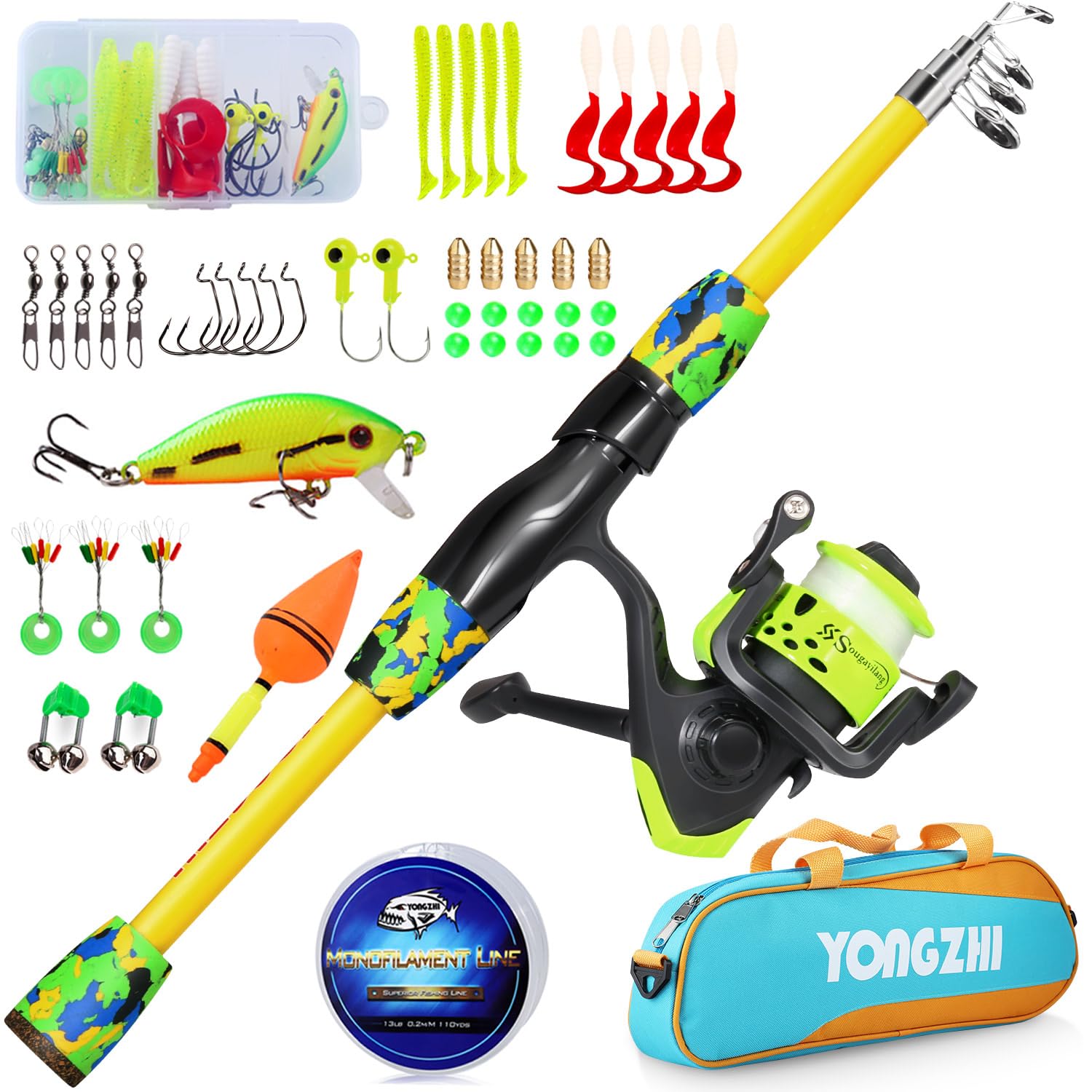 Canne à pêche pour Enfants Sougayilang, Canne à pêche télescopique Portable et Combo de Moulinet, avec leurres de Sac de pêche à la moulinette pour Filles et garçons