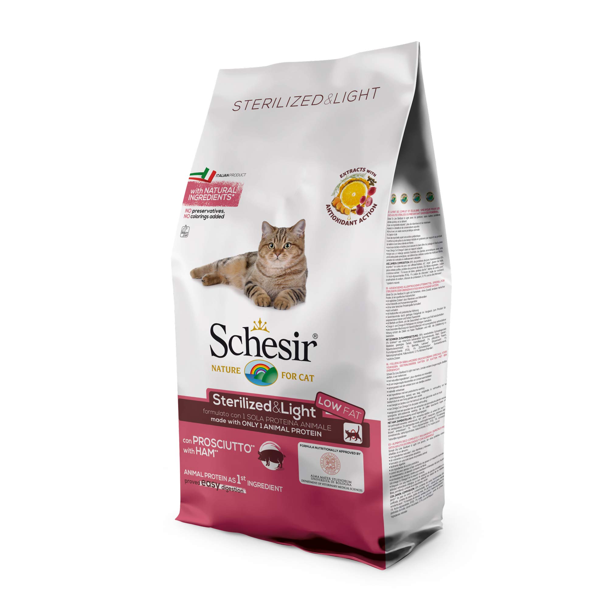 Schesir, pienso para Gatos Adultos esterilizados, línea Light con jamón, croquetas - Formato Bolsa de 10 kg