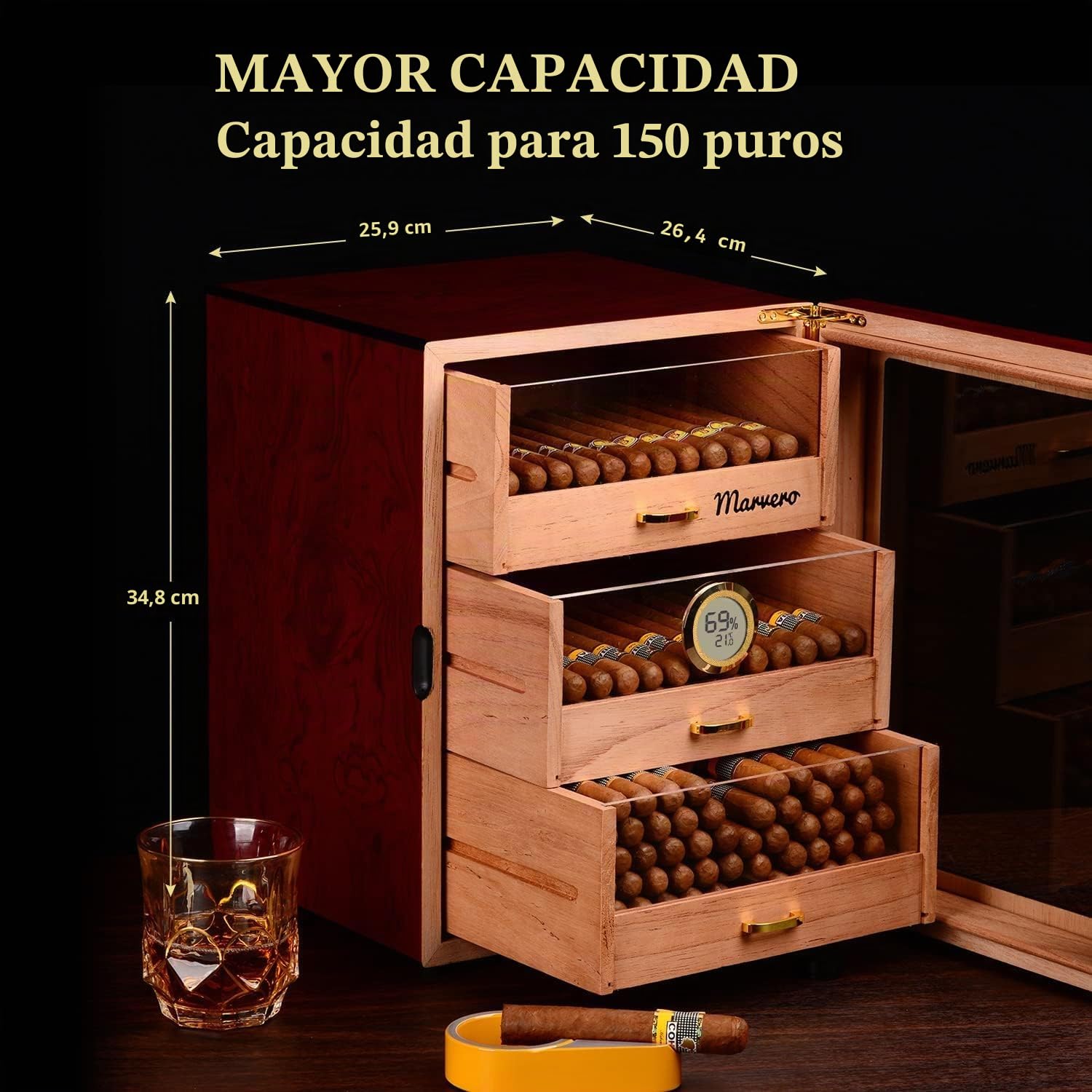 Humidor de Cedro Hecho a Mano, 150 Puros, Higrómetro
