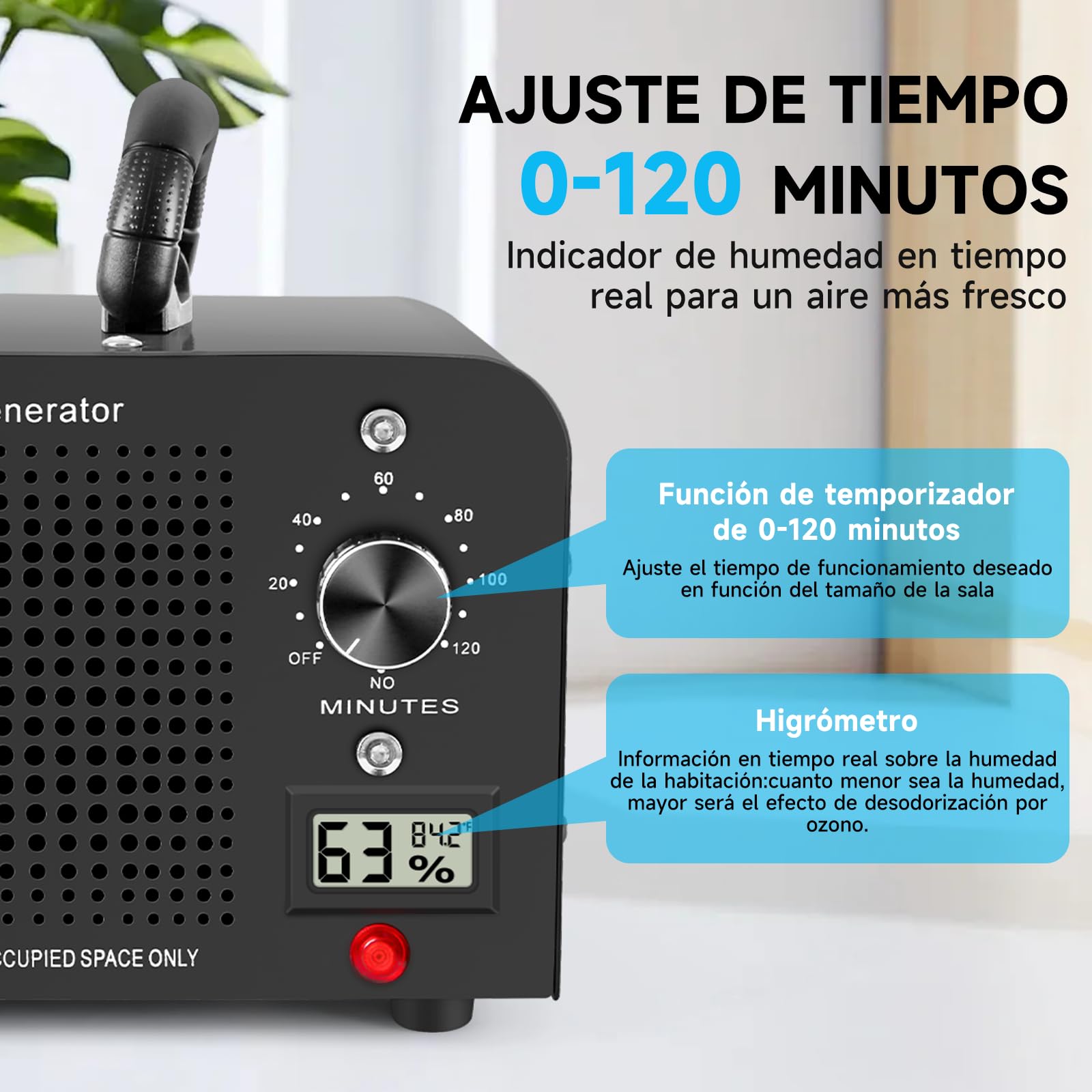 Generador de Ozono 60000mg/h, Máquina de Ozono con Indicador de Temperatura y Humedad, Desinfectador de Ozono Purificador de Aire con Temporizador, Ozonizador para Hogar, Coche, Mascotas (Negro)