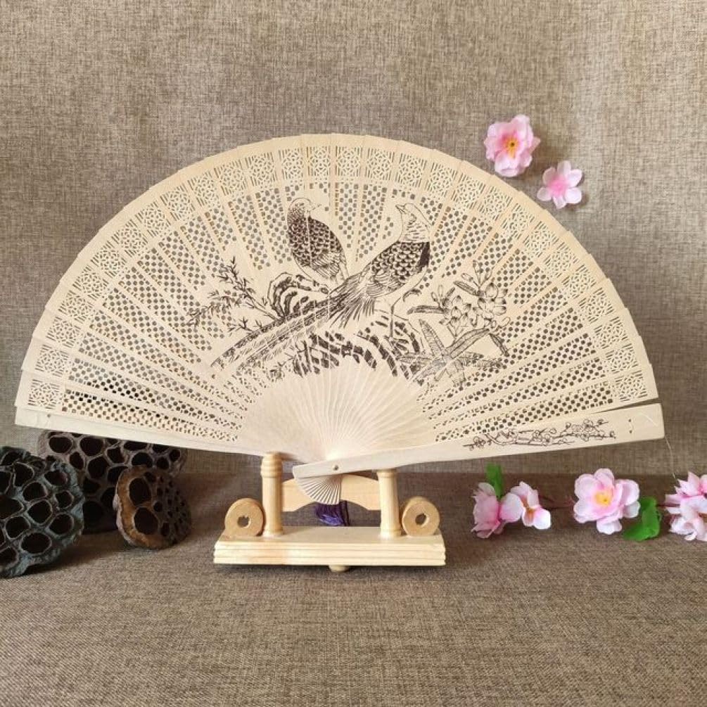METTEOR Folding Fan Sandalwood Fan Hollowed Out Grass Wood Fan Carving Retro Craft Wood Fan National Style Classical Folding Fan Gift Fan Tea Pot
