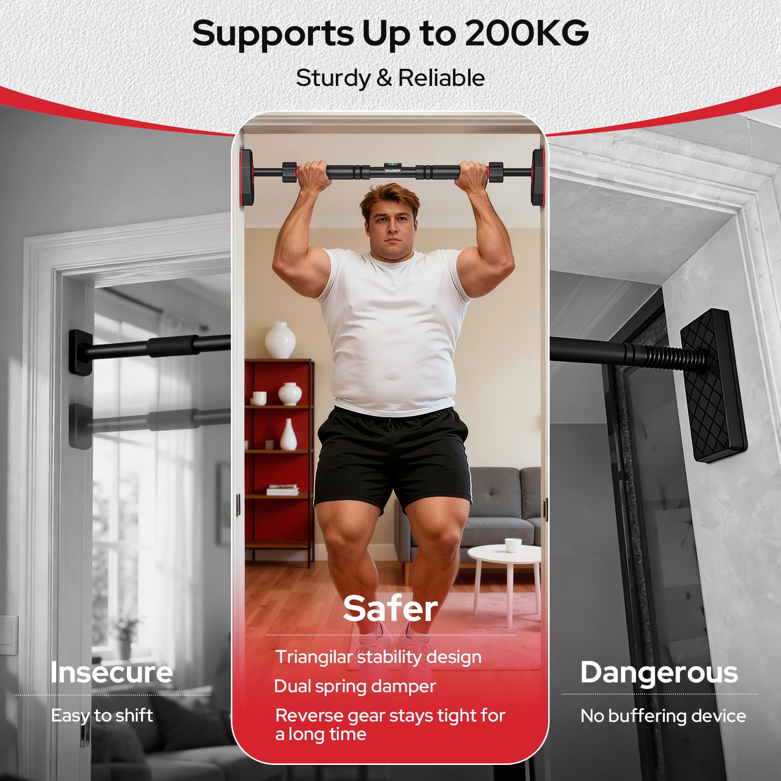 Halohop Pull Up Bar for Home Workout - Chin Up Bar Max Load 200 KG -Adjustable Rod 65cm to 100cm Width, No Screws Door Way Hanging Bar Gym Accessories for Men and Women (Black) 4