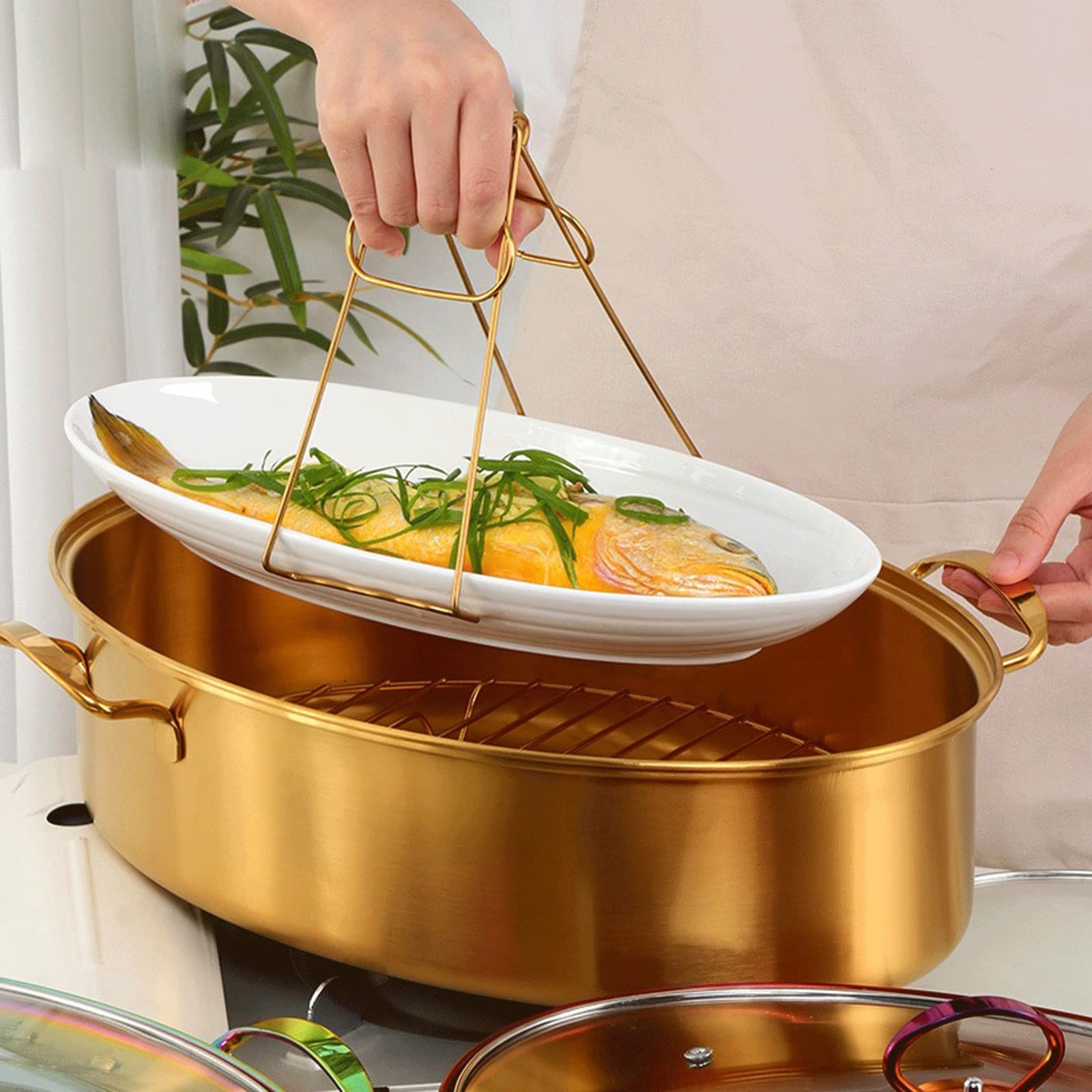 Olla para Sopa Olla para Cocer Pescado Ovalada De Acero Inoxidable Mango Chapado en Titanio Olla para Cocer Pescado De Gran Capacidad De Una Sola Capa Cocina De Inducción Universal