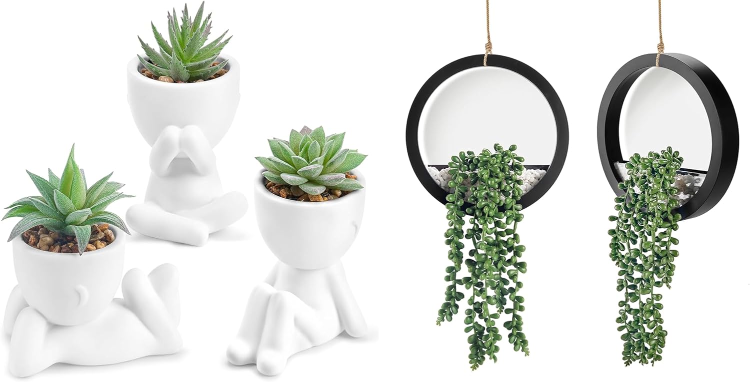 Der Rose Bundle of 3pcs Fake Succulents Plants and 2 Pack Fake Plants Hanging Artificial Succulents Plants for Bathroom Bedroom Home Room Decor