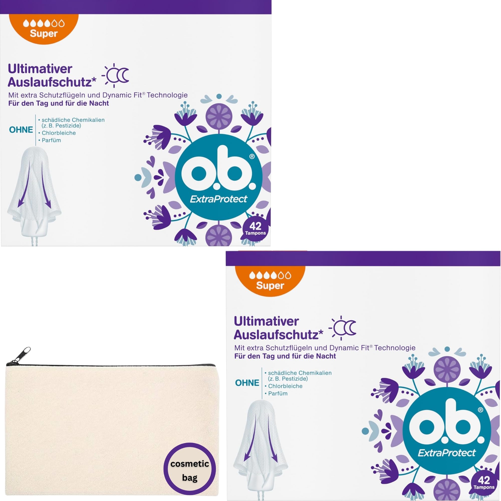 Tampons Super Bundle with o.b Extra Protect Ultimate Leakage Protection Dynamic Fit Technology for Heavy Days (2 x 42 Pieces) and Wishesla Multipurpuse Fabric Cosmetic Bag (German Version)