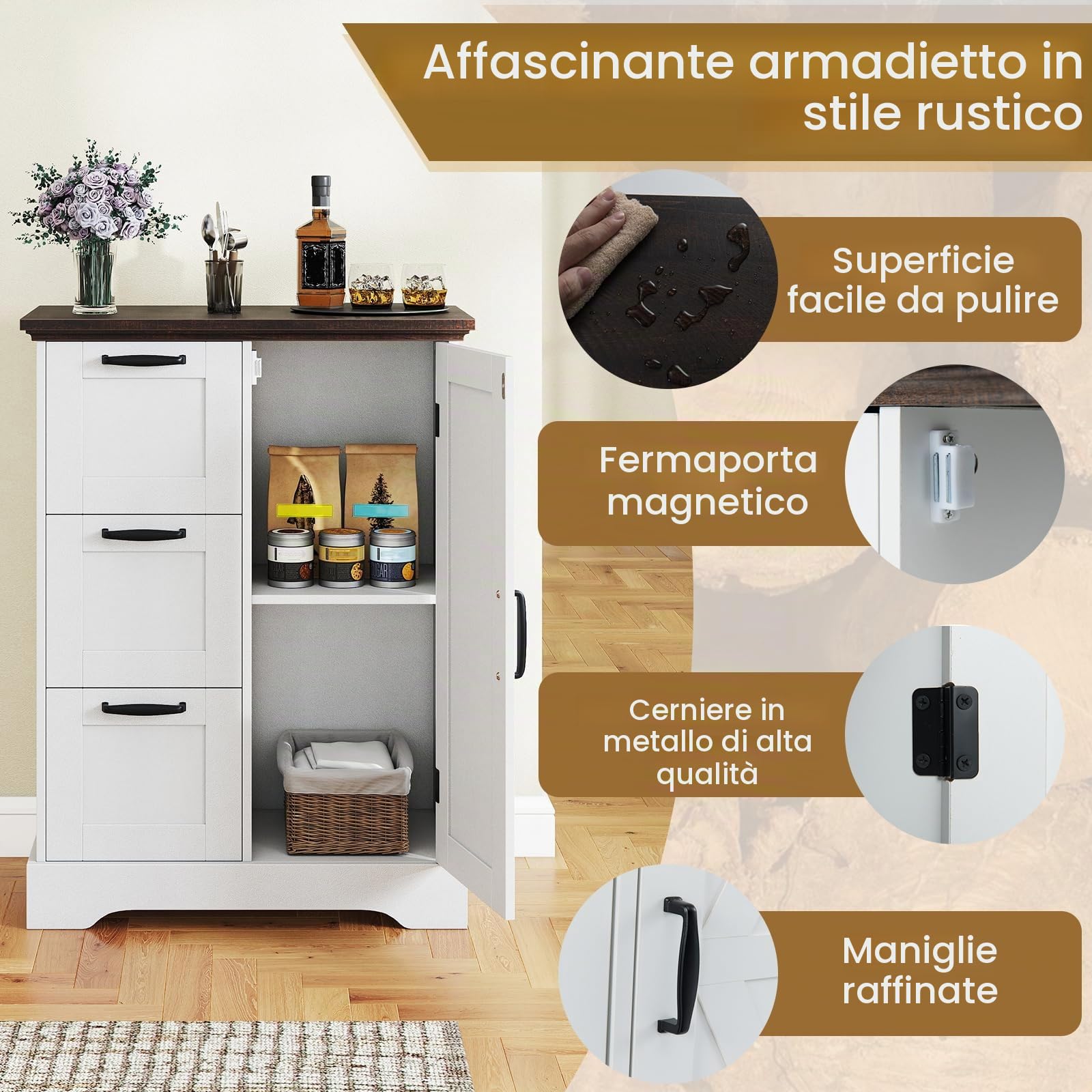 KOMFOTTEU Credenza Cucina con 3 Cassetti e Armadio con Ante, Mobile Cucina Dispensa con Kit Antiribaltamento, Mobiletto Cucina, per Soggiorno, Sala da Pranzo, 60 x 30 x 80 cm (Bianco)